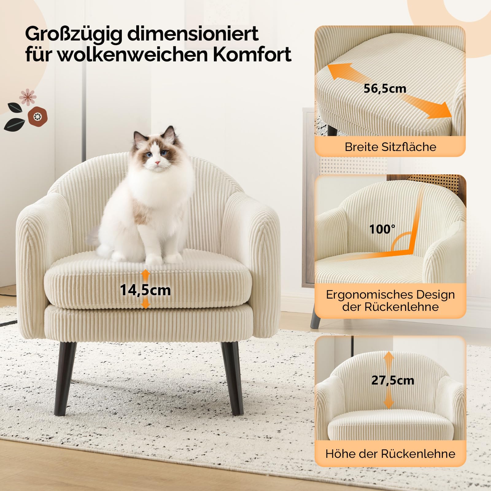 Bonnlo Sessel, Gepolsterter Cocktailsessel, Lesesessel, Clubsessel, Moderner Loungesessel für Wohnzimmer, Schlafzimmer, Büro oder Wartebereich, belastbar bis 113 kg, Feincord, Beige