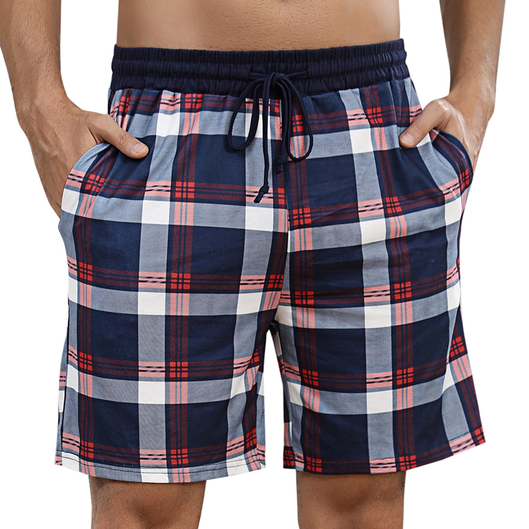Marvmys Herren Schlafanzughose Kurze Kariert Pyjamahose Shorty Sommer Nachtwäsche Schlafshorts mit Taschen