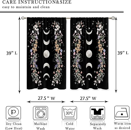 Miniatura 3 de oolygoo Cortinas de cocina pequeñas bohemias con diseño floral negro y estampado de flores, luna, para ventana de café, cortinas cortas para baño,