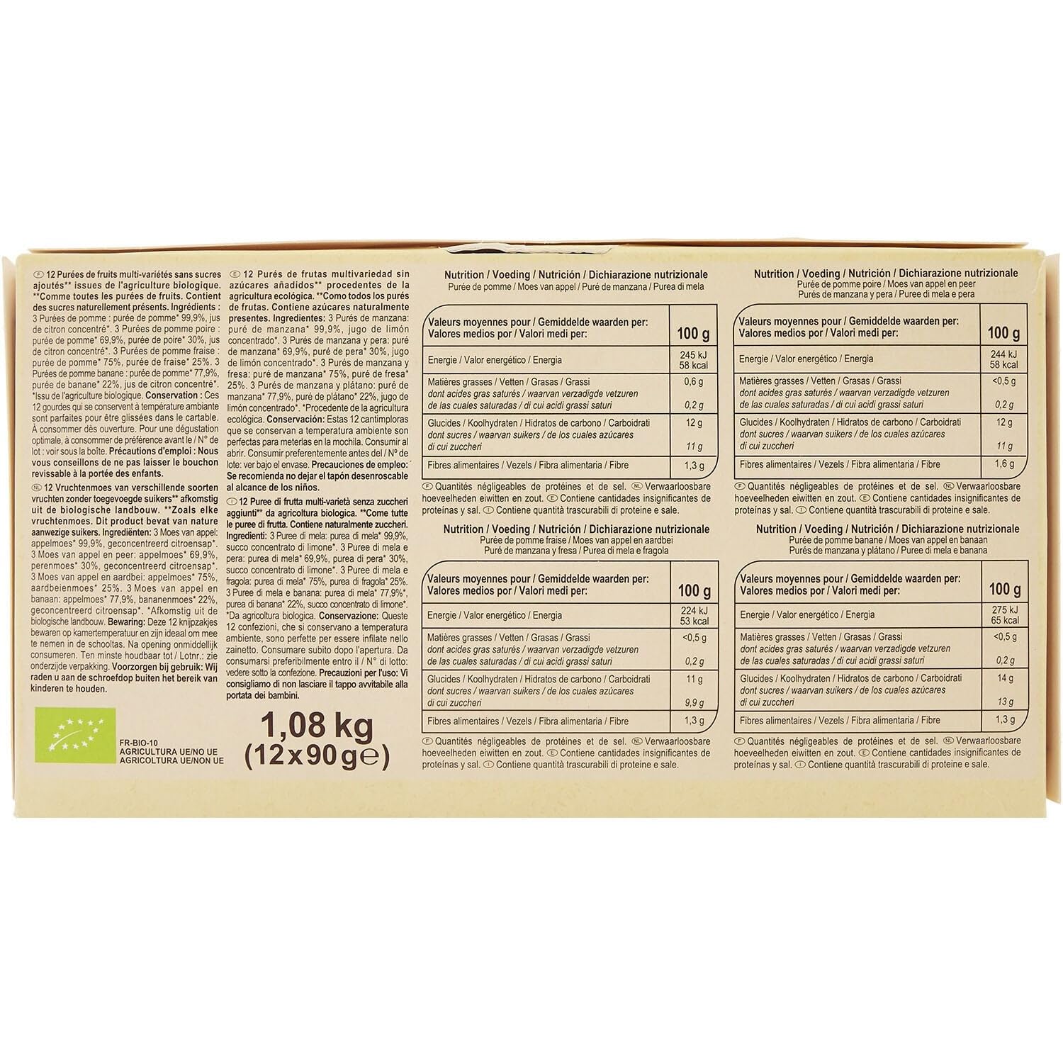 Des desserts fruités sans sucres ajoutés pour les enfants avec CARREFOUR BIO, format box de 12x90g aux saveurs pomme, banane, poire et fraise - Lot de 3