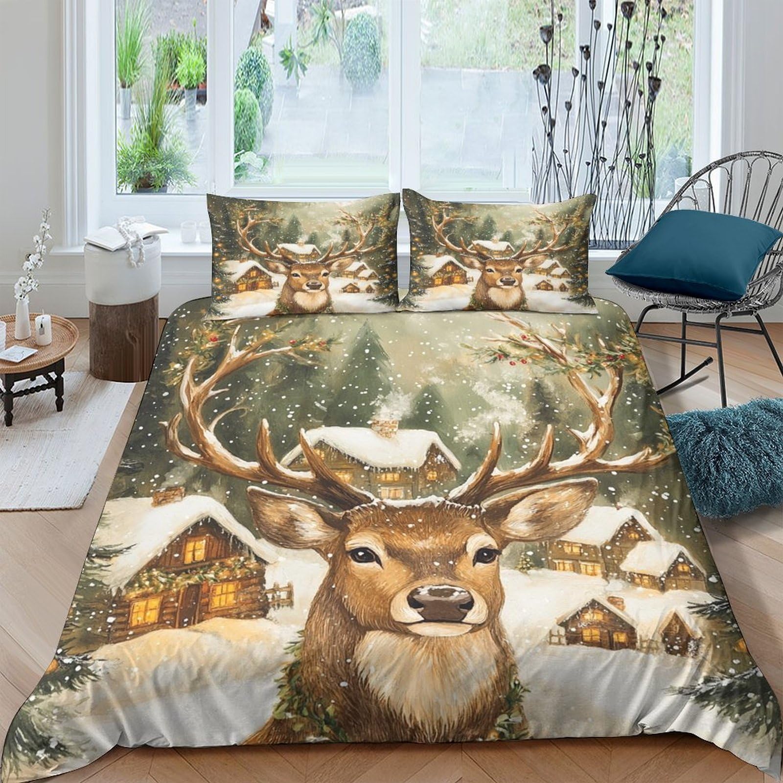 GPLZQXKJNH 3D Printed Winter Deer Duvet Cover Microfiber Soft Breathable Cabin Forest Bedding Set with 2 Pillowcases for Bedroom Home Decor Single（135x200cm）