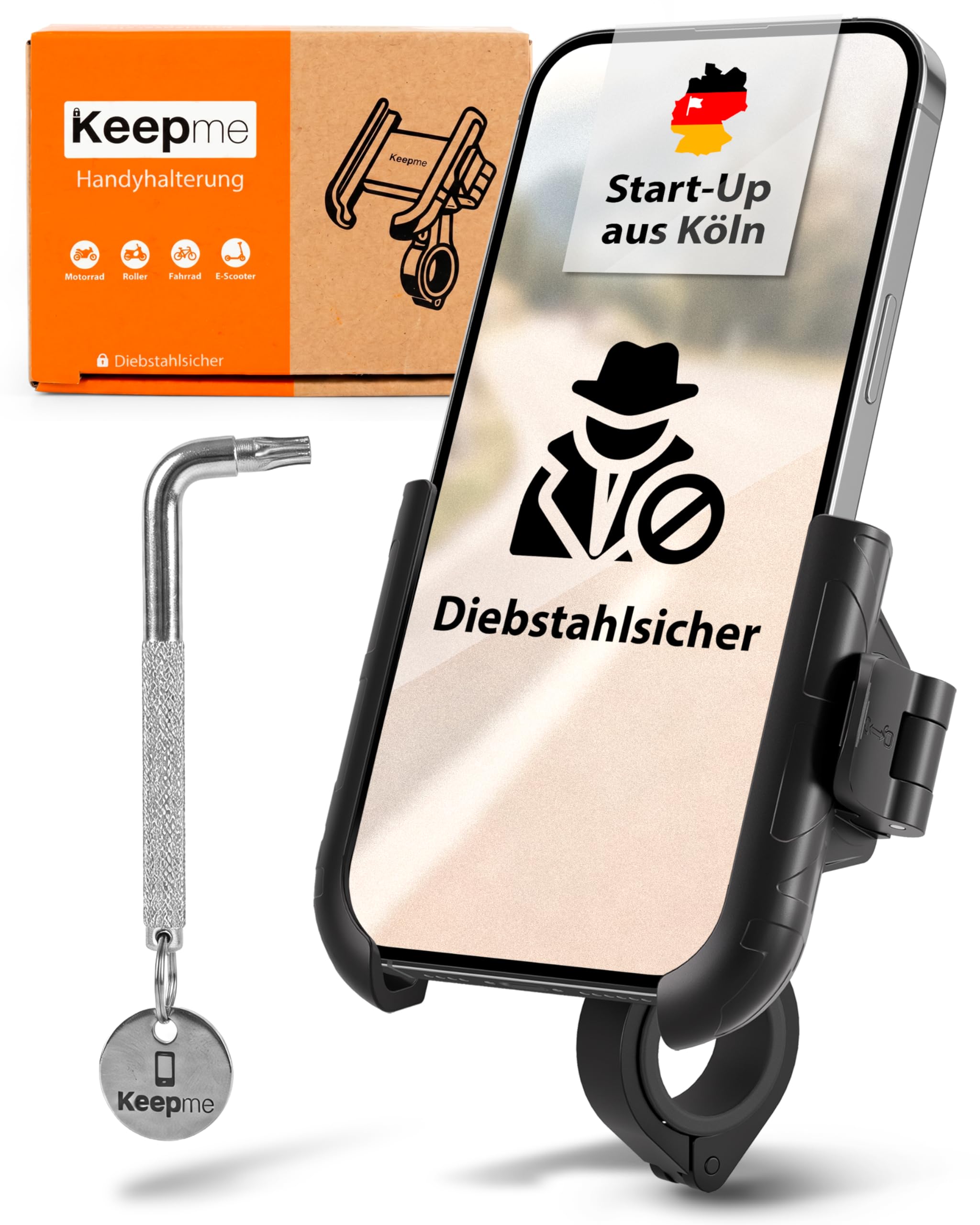 Keepme® Universal Handyhalterung für Fahrrad-Lenker - Diebstahlsichere Lenker Fahrrad-Halterung für ALLE Smartphones - Handy-Halter für E Bike, Mountainbike, Rennrad, E Scooter