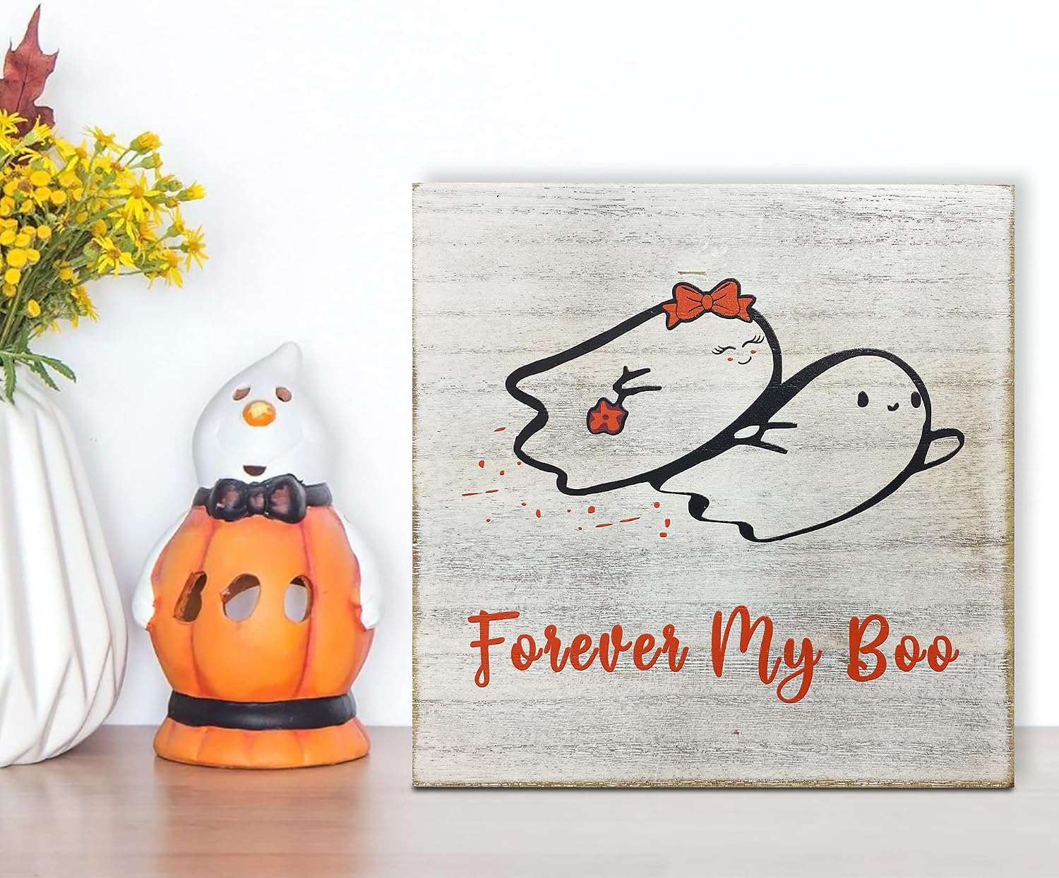 Moblade Sweet Funny Halloween Decor for Couples - Halloween Cute Ghost Wood Sign - Romantic Gift for Couples Halloween – Forever My Boo Gray image 2