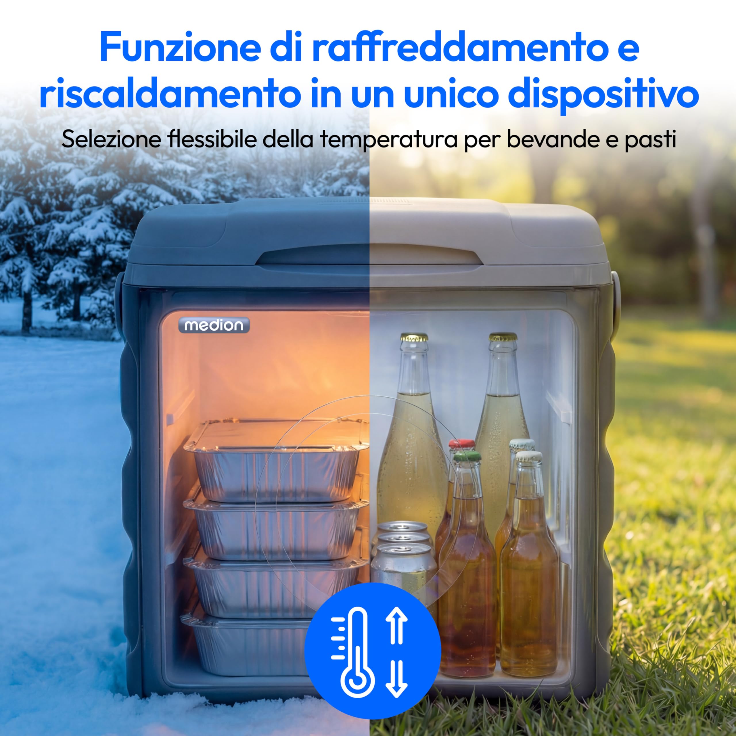 MEDION Borsa frigo termolettrica portatile 35 L, funzione raffreddamento e mantenimento caldo, 12 V accendisigari 230 V rete USB 5 V alimentazione, per auto barca campeggio, MD370030, grigio
