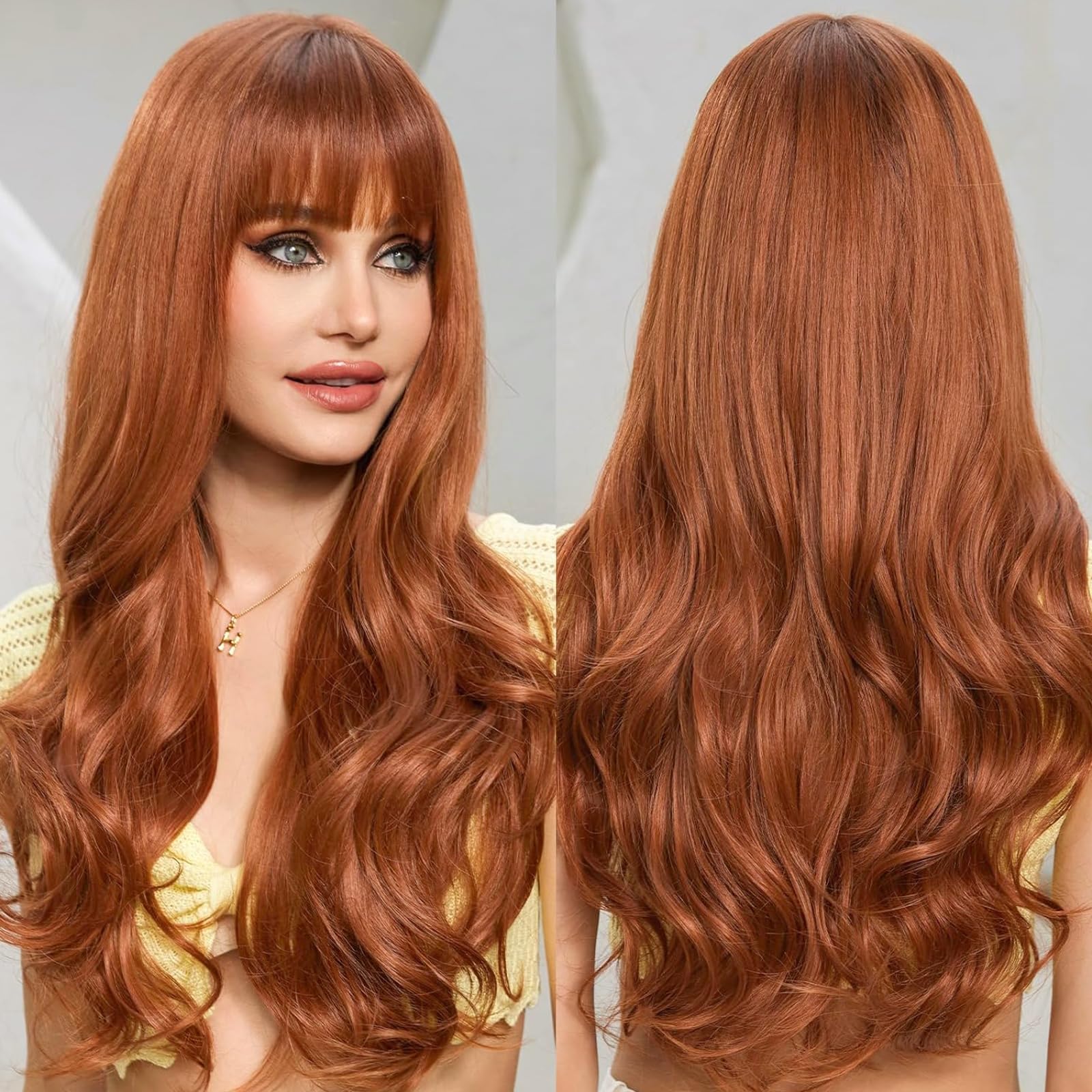 EMMOR Perruques Ombré Auburn pour Femmes Perruque Longue et Bouclée avec Frange en Fibres Synthétiques Résistantes à la Chaleur Perruques Quotidiennes d'Aspect Naturel