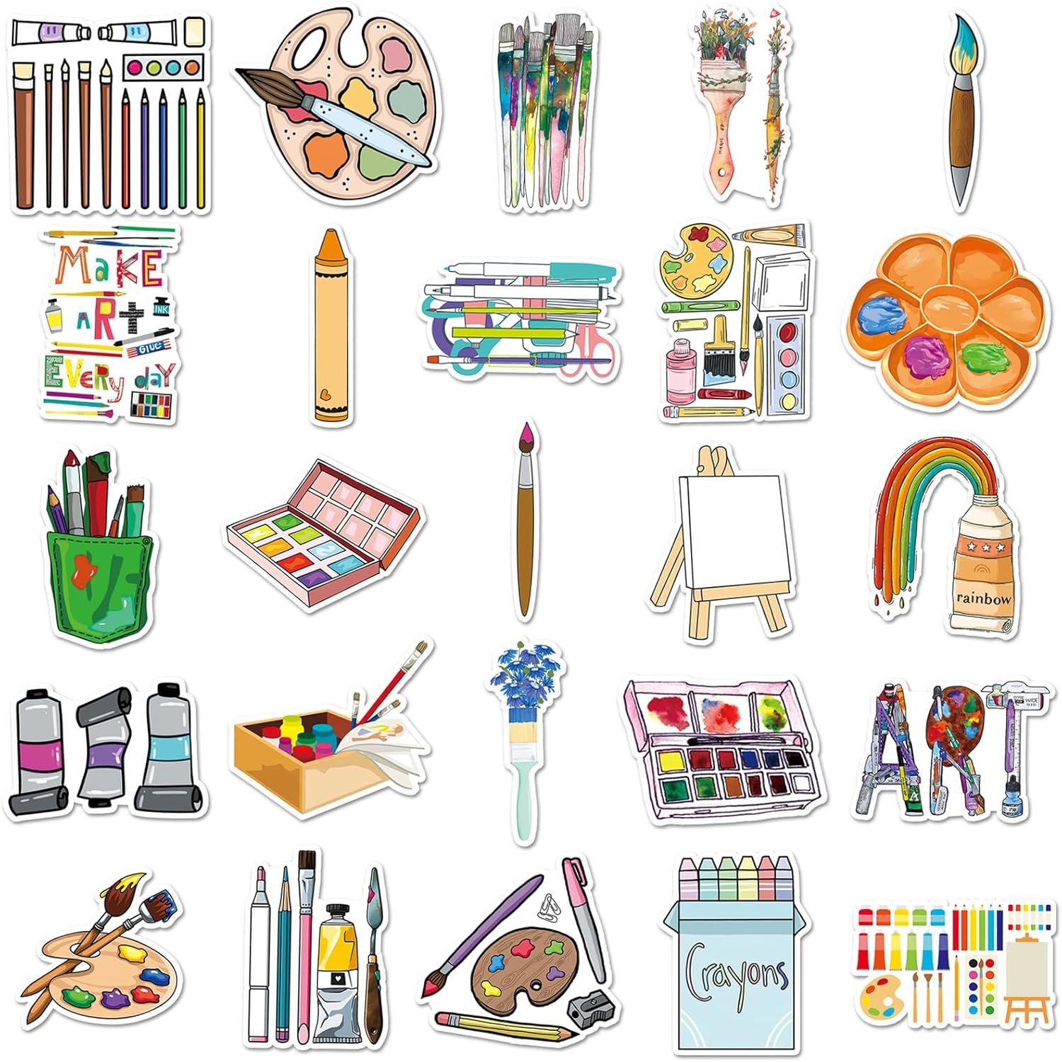 50Pcs Art Painting Stickers, Paint Palette, Brushes, Pigment & Decals for Laptop, Water Bottles, Skateboard, Luggage, Computer, Toy, Phone - Gifts for Kids, Girls, Teens