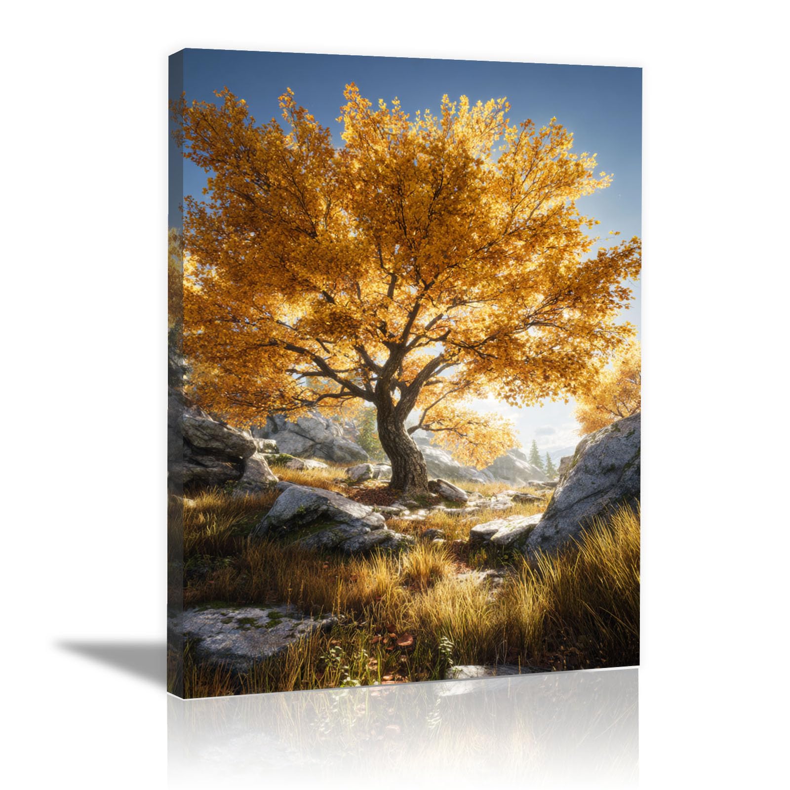 Teruea Yellow Artwork For Bedroom Office Home Decorations Gilded Leaf Tree, Rocky Grassland & Mountain Scenic Print Art Flickering Flower Modern Abstract Paintings(Yellow)-40X60cm1 Framed