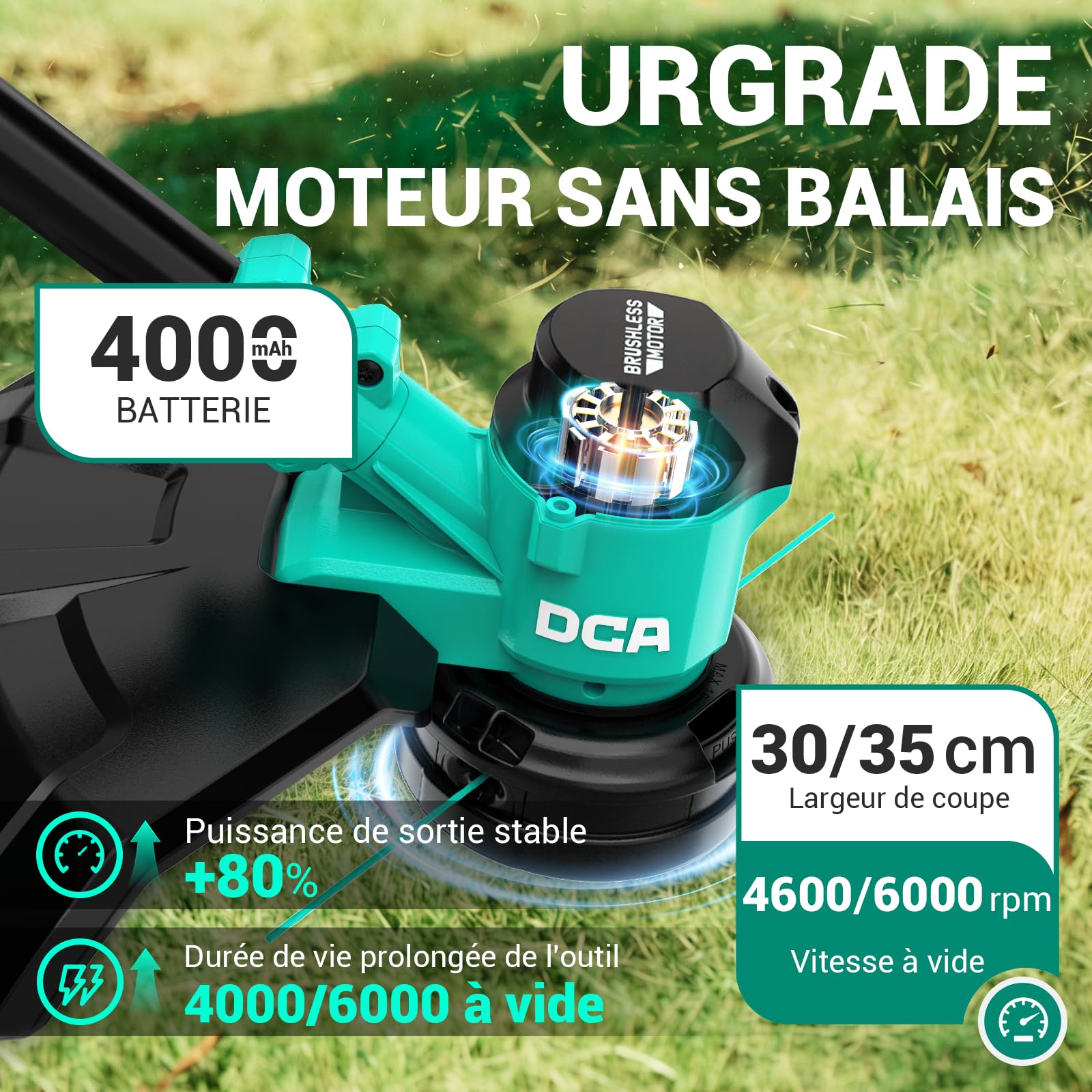 DCA Taille-Bordures sans Fil 20V, 2-en-1, Largeur de Coupe 35 cm et Vitesse 6000 RPM, Batterie 4,0 Ah, Chargeur pour travaux de Jardin et d'extérieur, ADST20141