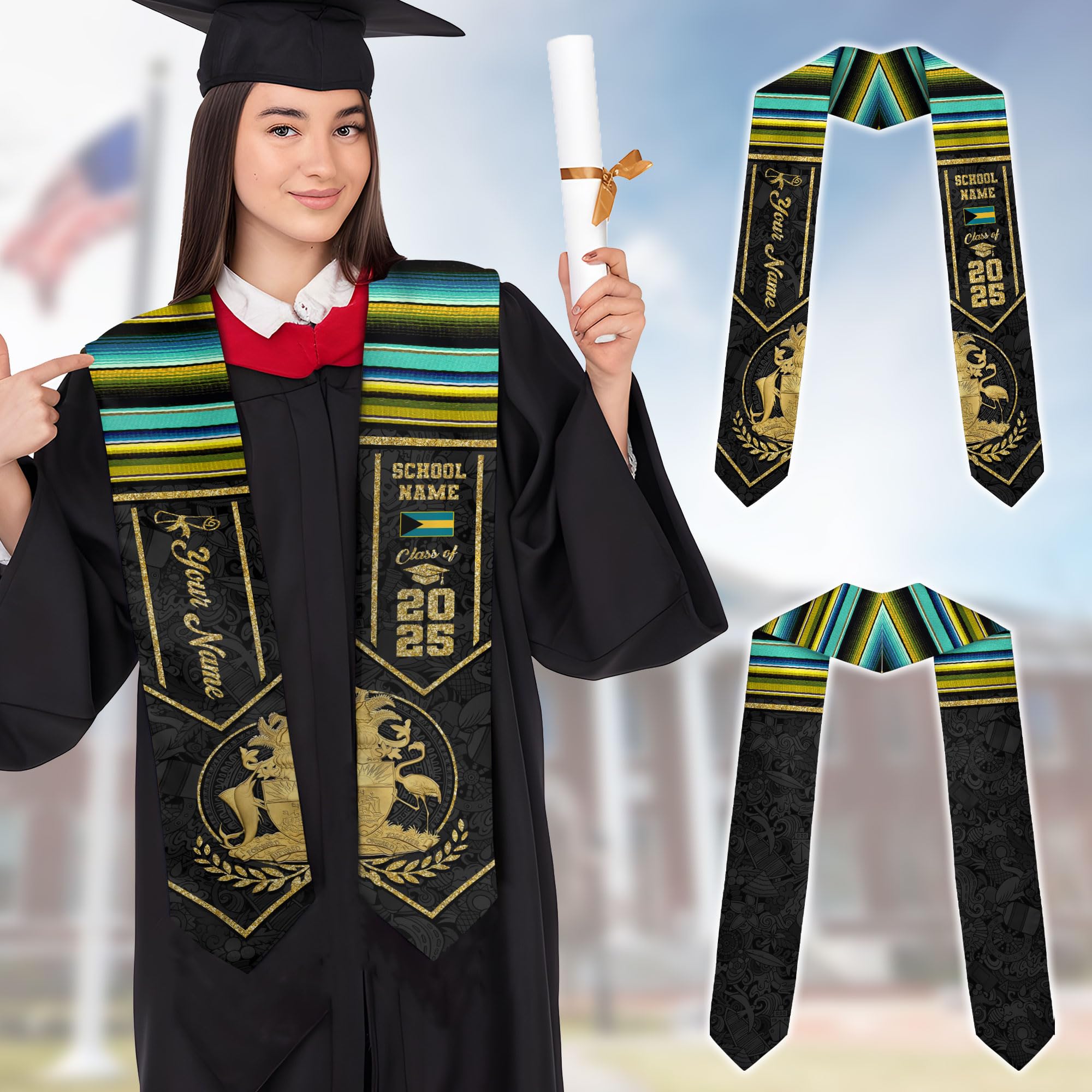 MonkeyVan Personalized Bahamas Graduation Stole, Bahamian Graduation Sash, Bahamas Flag Graduation Stole, Class of 2025 Bhm15