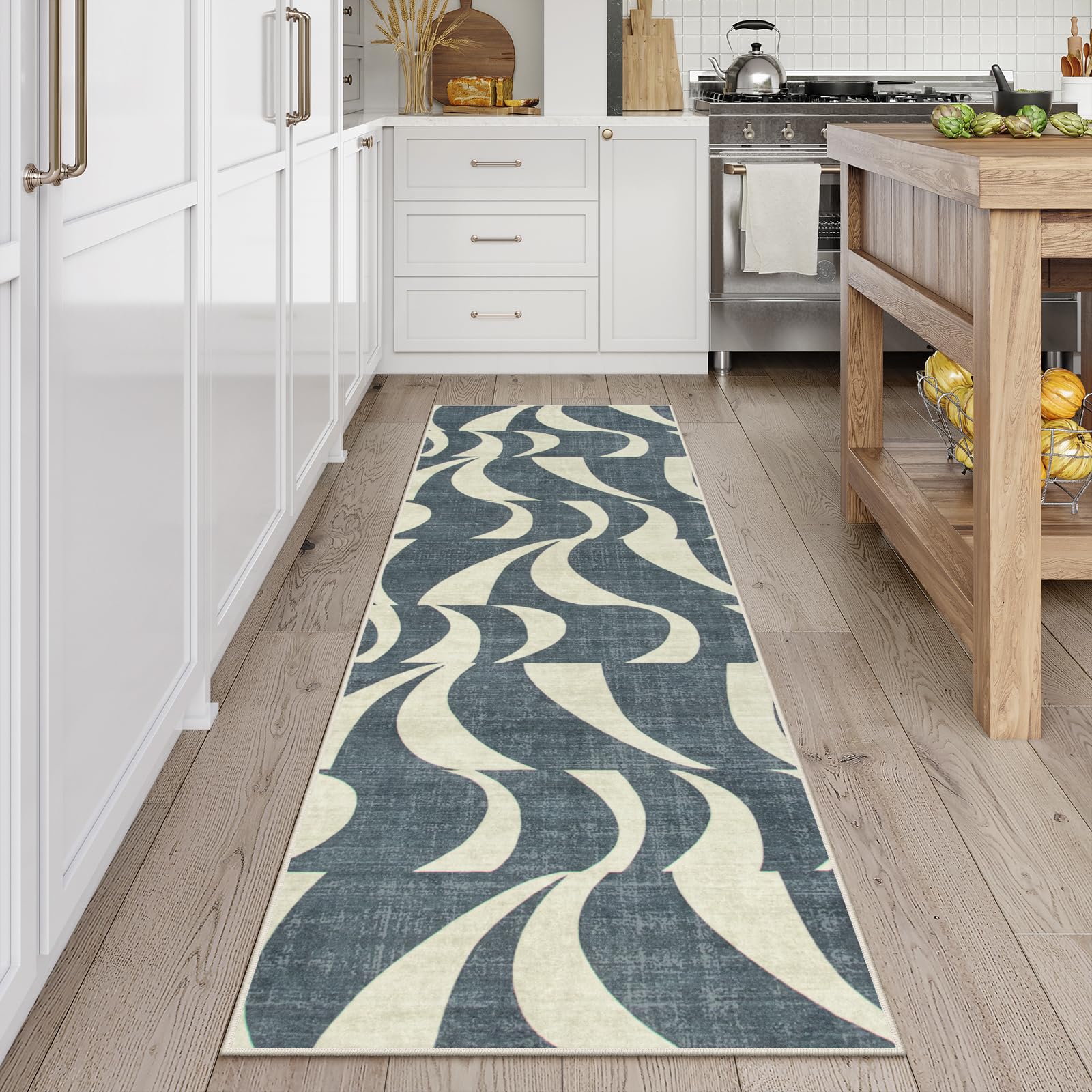 LahomeAbstract Runner Rug,Low-Pile Soft 2.5x8 Kitchen Runner Rugs Non Skid Washable,Retro Swirl Indoor Carpet Runner for Bedside Hallway Entryway (8ft,Blue)OEKO-TEX STANDARD 100