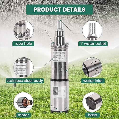 Miniatura 5 de Bomba sumergible de pozo profundo, bomba de agua sumergible solar de 24 V, bomba de agua de flujo de 10 gpm, salida de 1 pulgada, cabezal de 173
