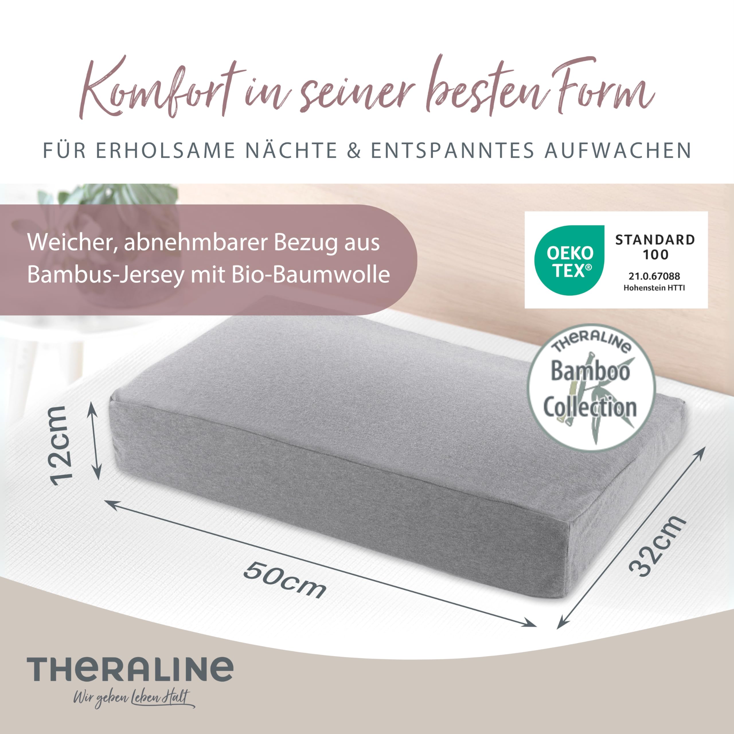 Theraline Kopfkissen - Nackenkissen Seitenschläferkissen Memory Foam Kissen | Ergonomisches Kopfkissen mit Bezug - Premium Nackenstützkissen 50x30cm - Nackenkissen inklusive Bambus Kissen Bezug