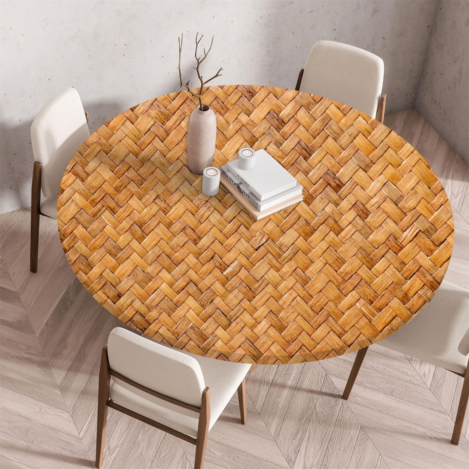 Muiuou Round Tablecloth, Wood Texture Printing Reusable Waterproof Oil-Proof Elastic Round Table Cover Cloth, Fitted Kitchen Restaurant Picnic Home Decoration