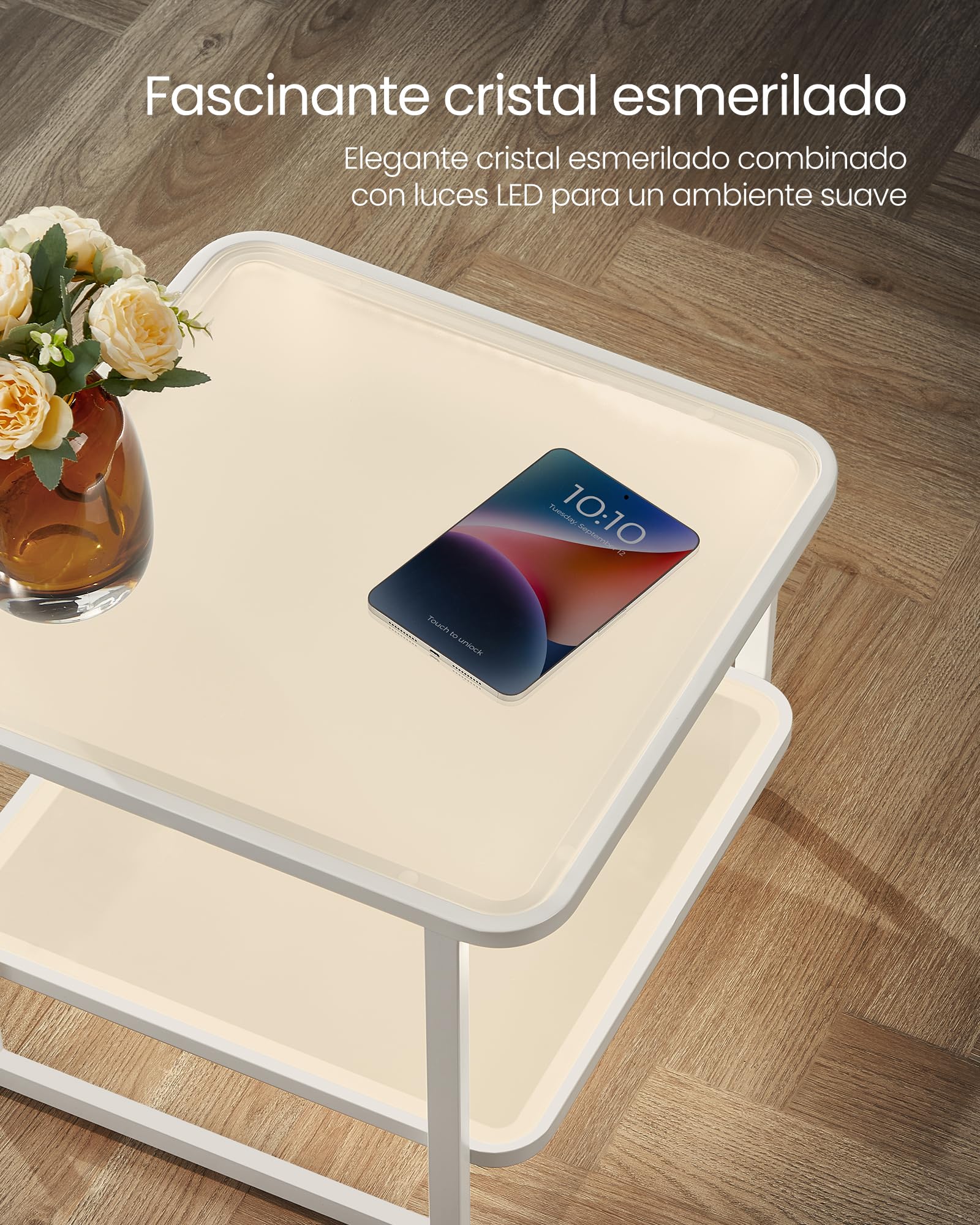 VASAGLE Mesas de Centro, Juego de 2 Mesas de Café con Luces LED, Mesas Auxiliares Cuadradas Modernas Encajables, Cristal Templado, para Salón, Dormitorio, Blanco Nube y Blanco Perla LCT246W01