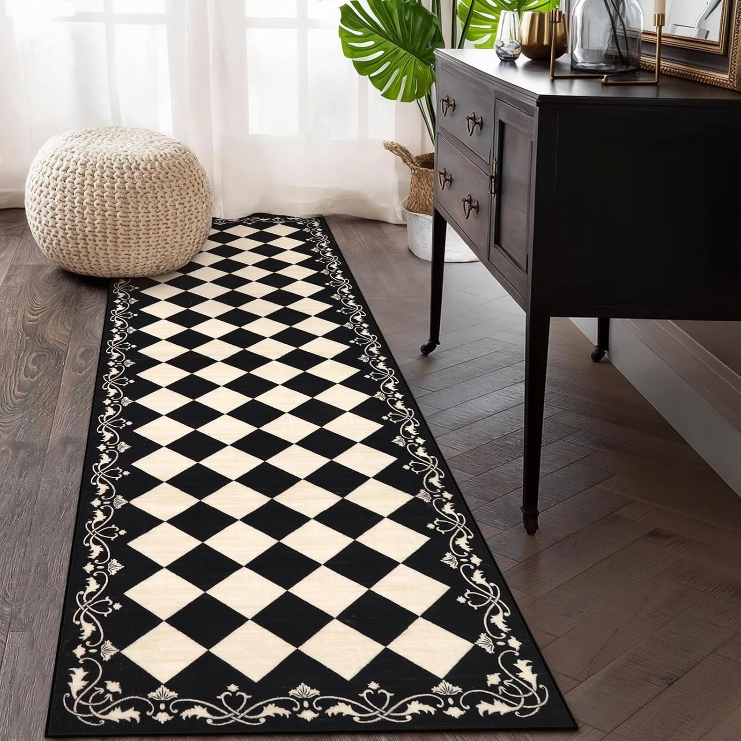 Beeiva Checkered Bathroom Runner Rug 2x6, Black and White Washable Runners for Hallways Non Slip, Moroccan Trellis 2x6 Rug for Besides Laundry Kitchen, Checkerboard Stain Resistant Bathroom Decor