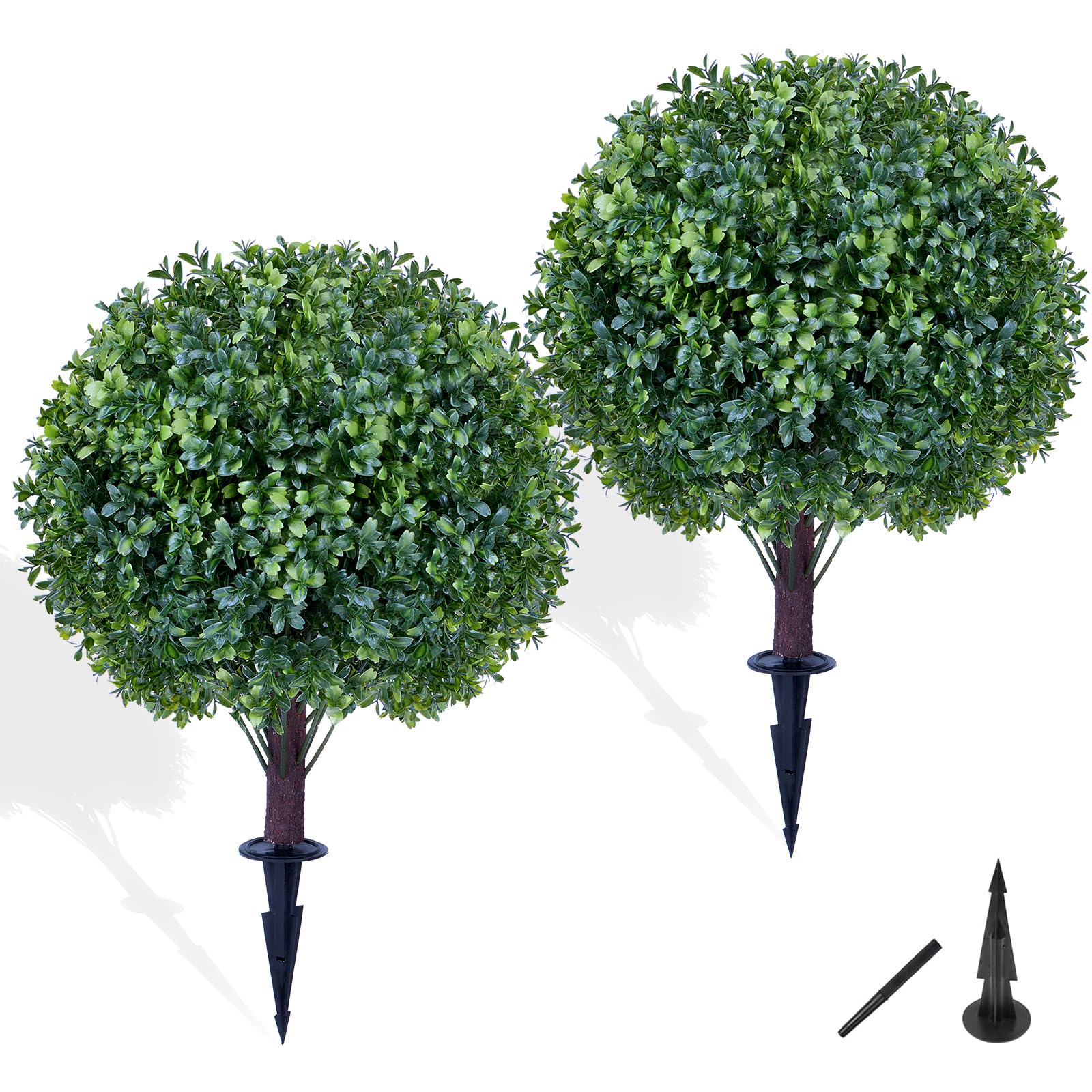 24" Artificial Boxwood Topiary Ball Tree 2-Pack, UV Resistant Outdoor