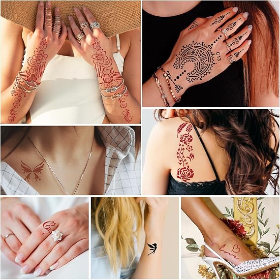 Temporary Stencils Tattoos Kit, 4 Pcs Tattoo Cones 3 Color (2 Black 1 Maroon 1 Cherry Red) with Gloves Brush Tool,DIY Body Art Skin Painting Designs Fun for Family Friends Party Gifts