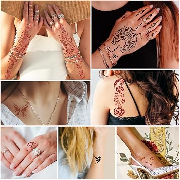 Temporary Stencils Tattoos Kit, 4 Pcs Tattoo Cones 3 Color (2 Black 1 Maroon 1 Cherry Red) with Gloves Brush Tool,DIY Body Art Skin Painting Designs Fun for Family Friends Party Gifts