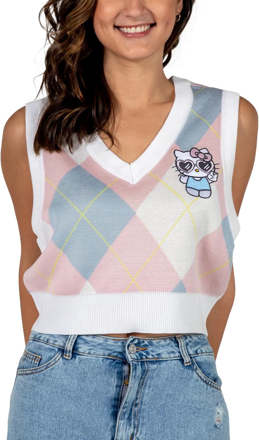 Hello Kitty Preppy Kitty - Chaleco de suéter para mujer, sin mangas, color blanco, pastel
