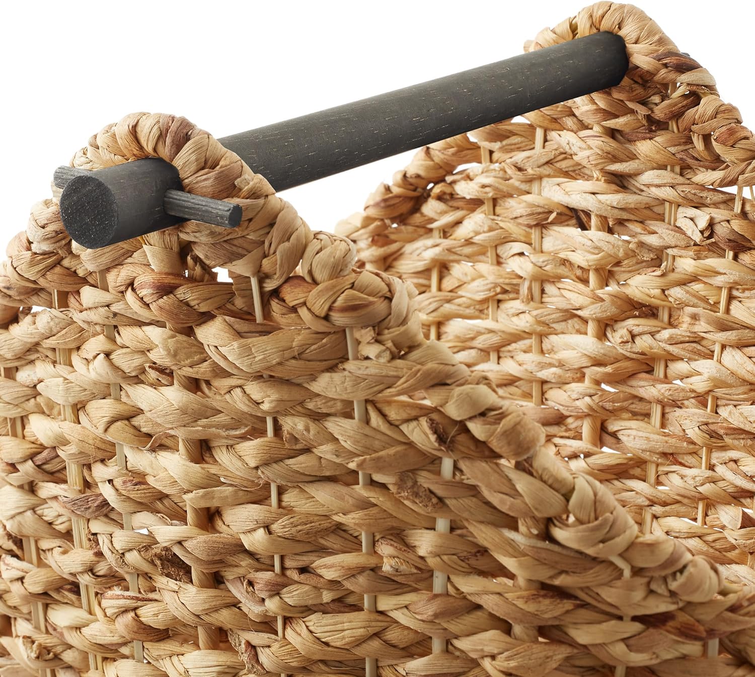 Casafield Toilet Paper Storage Basket with Wood Roll Holder Bar - Natural, Braided Water Hyacinth Wicker Bathroom Tissue Storage Organizer