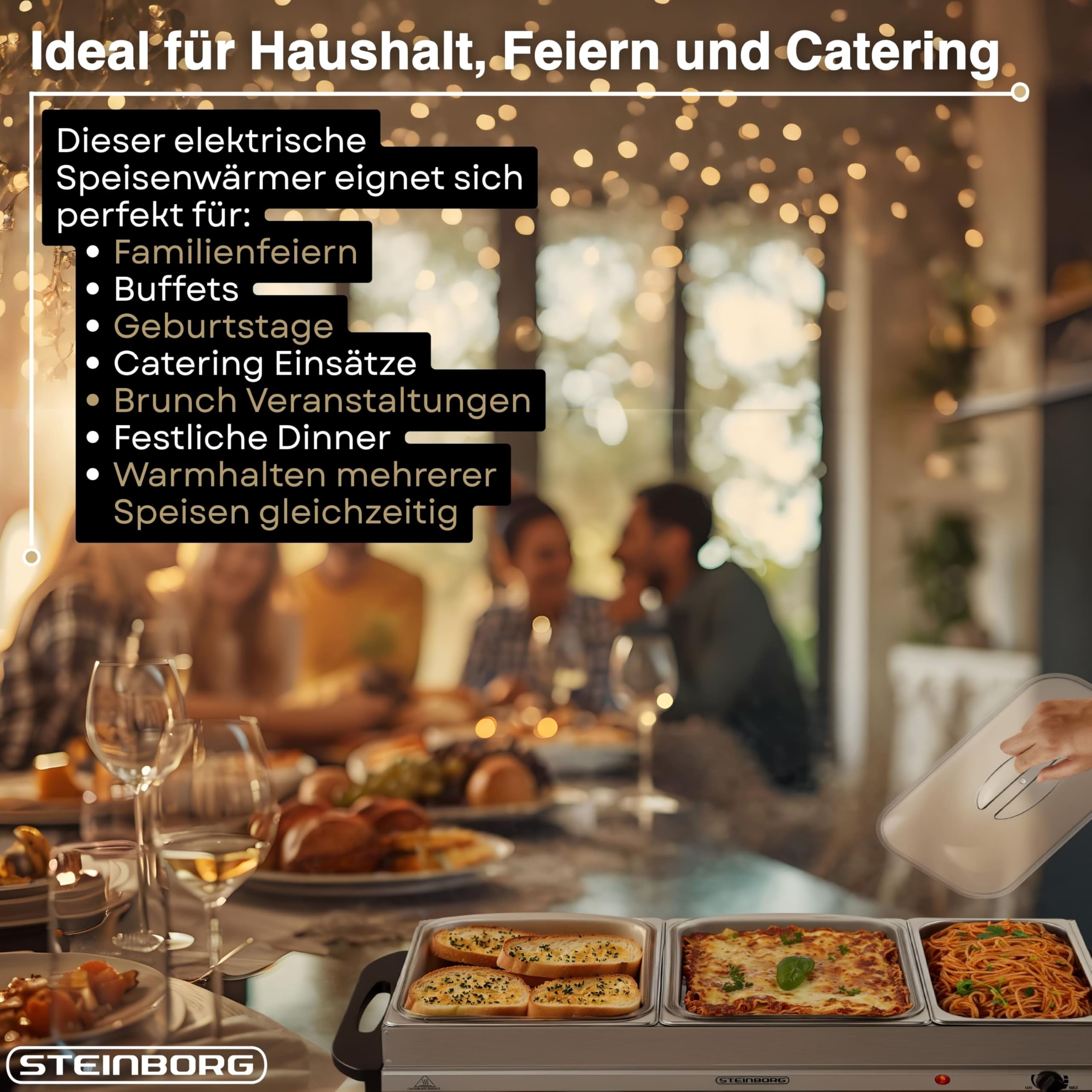 Steinborg® Elektrischer Buffetwärmer 3 Schalen – Speisenwärmer 450W Temperaturregelung, Warmhalteplatte mit 2 x3,7L + 1x2,5L Behältern Warmhaltebehälter Buffet Server für Partys, Catering und Familie
