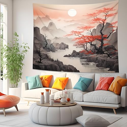 Miniatura 3 de QGHOT Tapiz japonés de paisaje, tapiz asiático para colgar en la pared, naturaleza china, puesta de sol, tapiz de pared escénico para dormitorio,