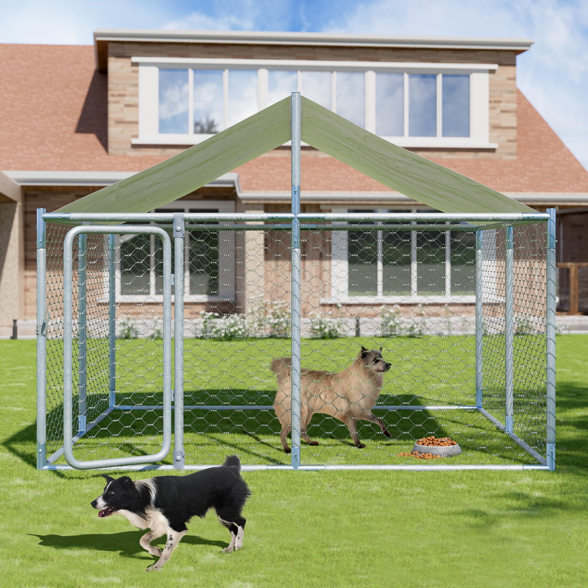 Dephet 7.5 FT Large Outdoor Dog Kennel with Roof Heavy Duty Dog Kennel House, Galvanized Chain Link Dog Runs Pet Playpen with Waterproof UV-Resistant