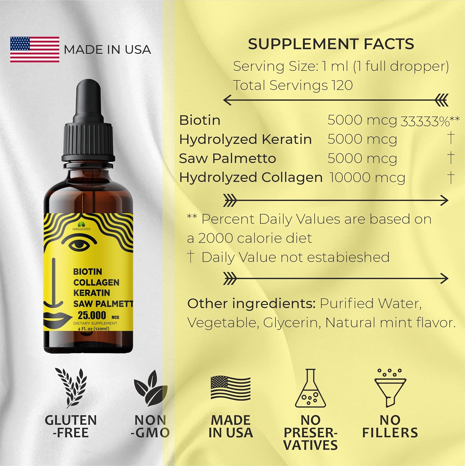 Liquid Biotin Collagen Keratin 4fl oz Liquid Supplements for Women - Comprehensive Formula Hair Skin Nails Supplement with 10000mcg Collagen 5000 mcg Biotin 5000 mcg Keratin 5000 mcg Saw Palmetto - Image 6