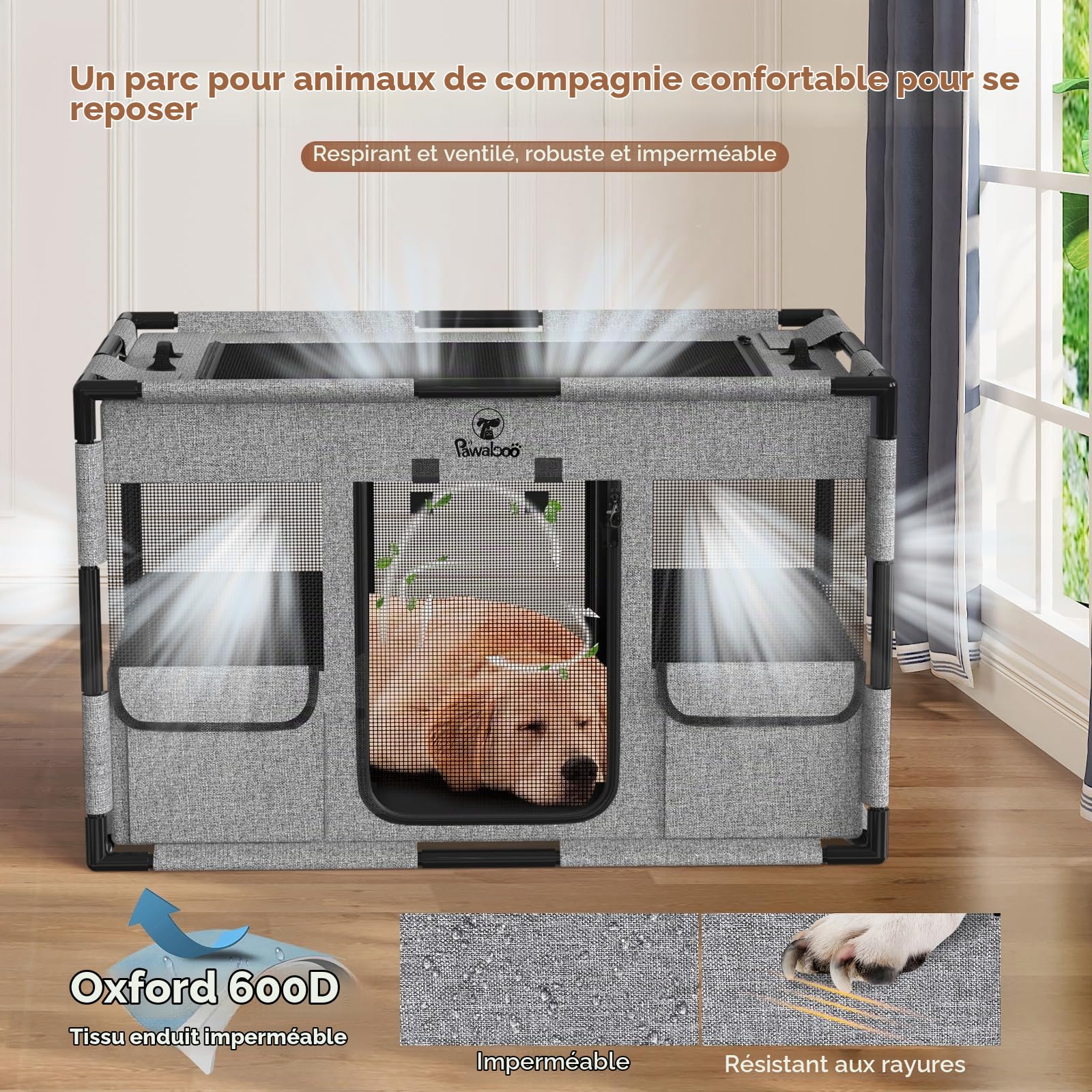 Pawaboo Parc Chien Portable avec Toit et Porte L, Gris/Noir | Fabriqué en tissu Oxford 600D imperméable avec maille respirante, poches et sac de transport.
