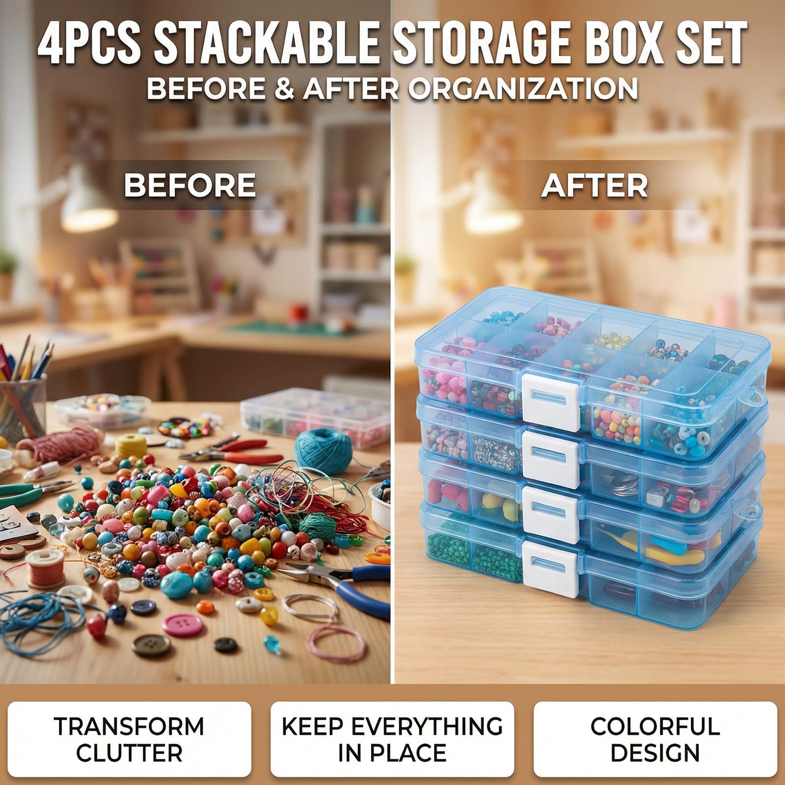 Set di 4 scatole di stoccaggio in plastica a 40 scomparti: contenitori impermeabili e impilabili per gioielli, artigianato, unghie e articoli da pesca. Supporto portaoggetti portatile (blu) - 5