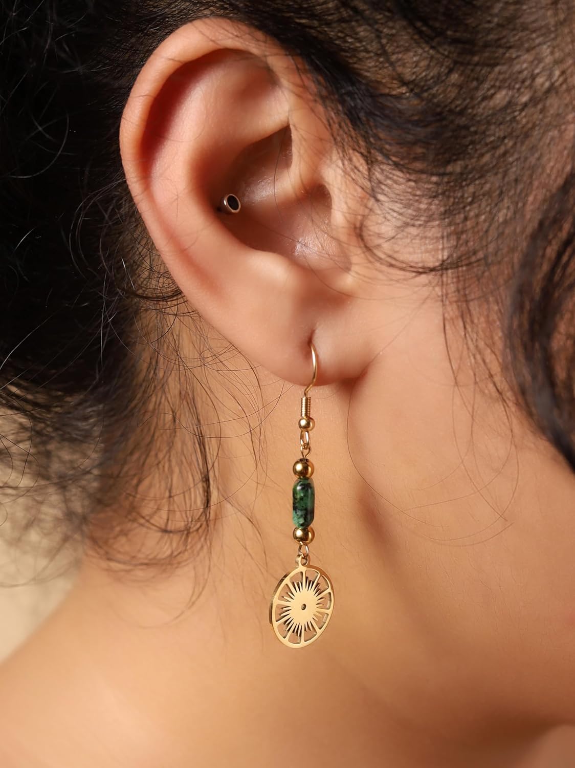 MINACHI Boho Sunburst Charm and Green Stone Drop Earrings, Handmade Gold Tone Hippie Danglers For Women - Image 3