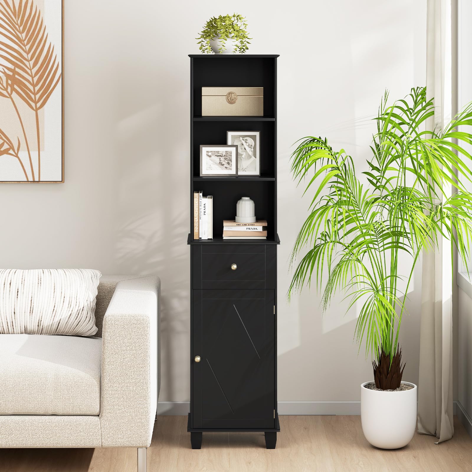 GIANTEX Mobile da bagno alto 172 cm, colonna bagno con 3 ripiani aperti, 1 cassetto, 1 anta e ripiano regolabile, salvaspazio, mobile portaoggetti per cucina, soggiorno (nero)