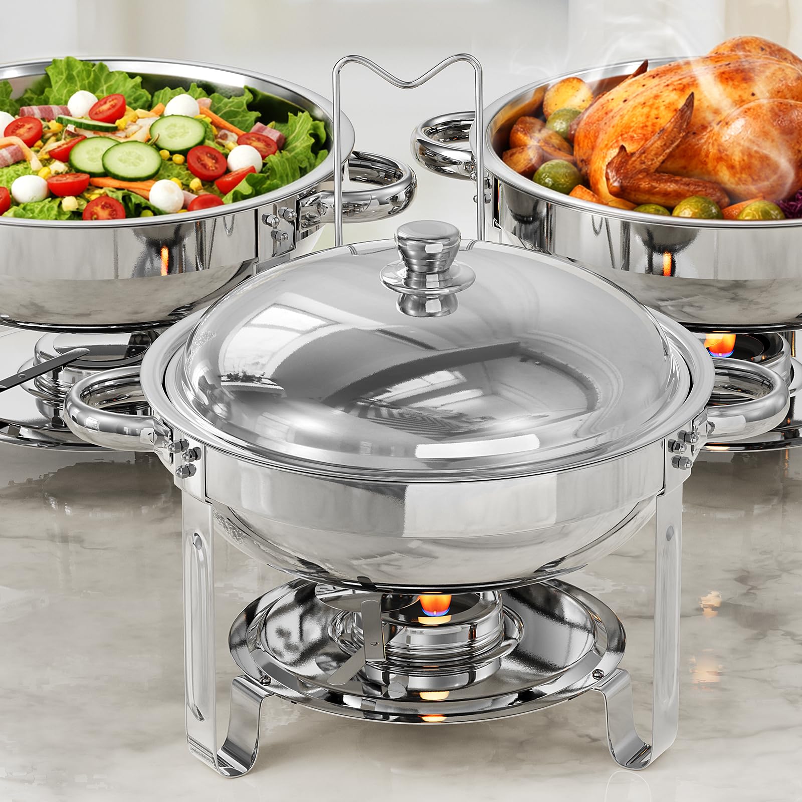 TLGREEN Buffets Chauffants Ronds, Chafing Dish Rond 5L, Chauffe-Plats en Acier Inoxydable, Chauffe Plat Buffet, Chafing Dish Buffet pour Traiteurs, Buffets, Fêtes de Noël et écoles.