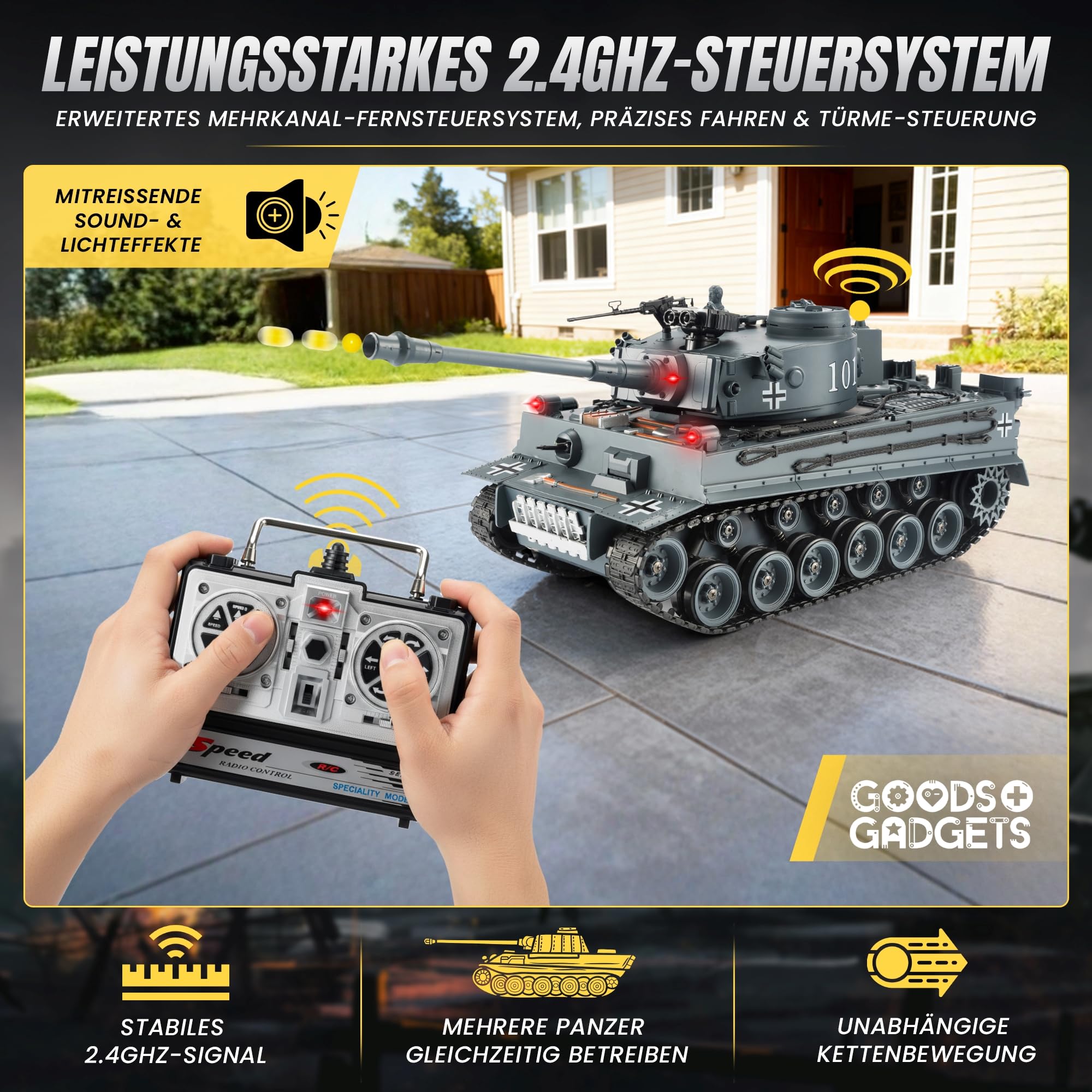 GOODS+GADGETS Ferngesteuerter RC German Tiger I 1:16 Modellbau Panzer 2.4GHz mit Schuss-Funktion, Sound - RTR (Tiger I)