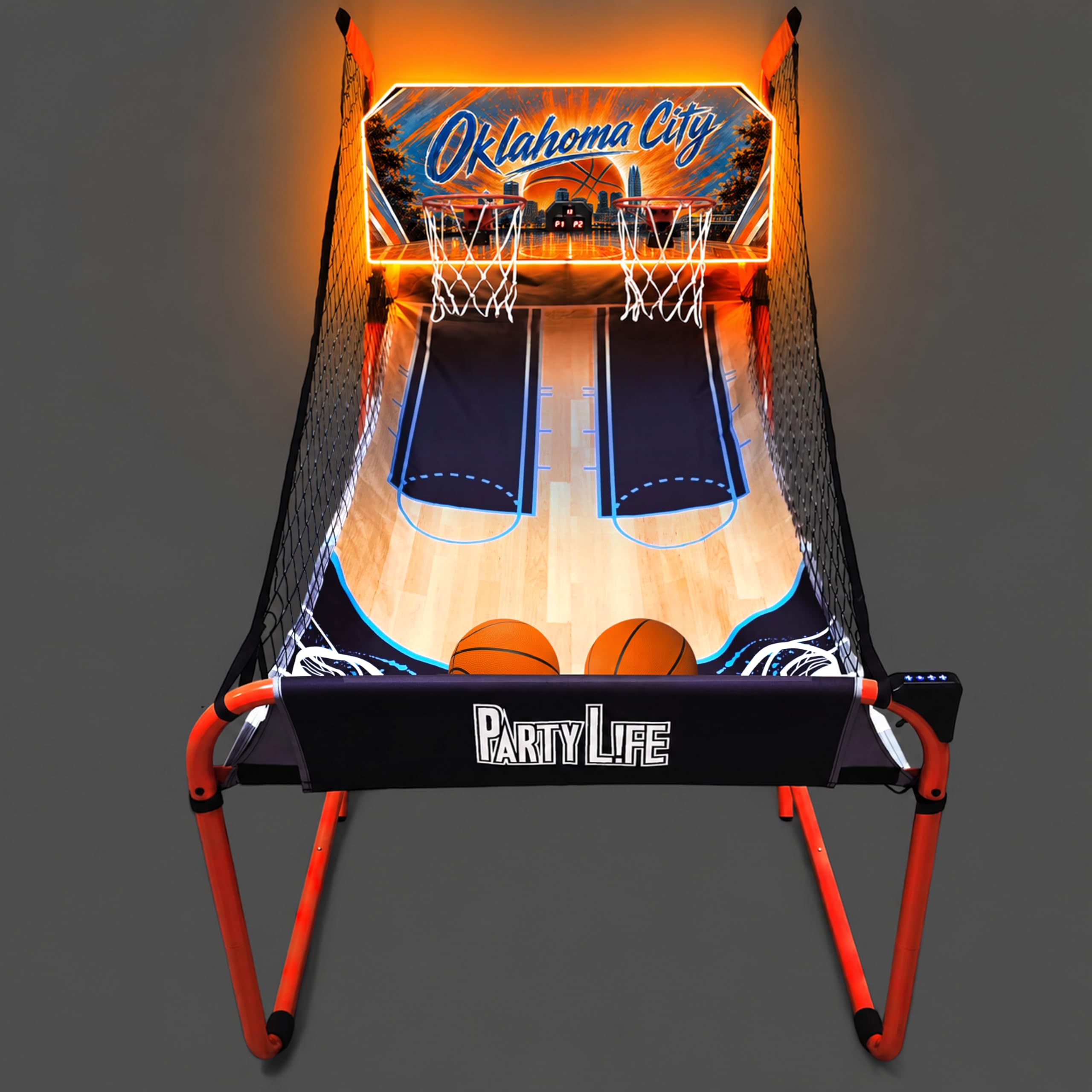 PartyLife 2-Player Basketball Arcade Game w/LED Lights | Electronic Scoring | 5 Balls, 1 Pump, 8 Games | Folding Design | Heavy-Duty Steel Frame