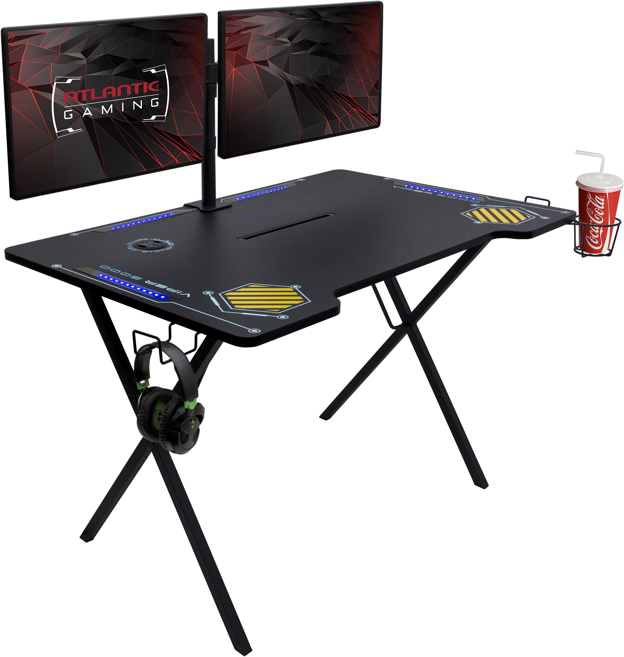 Atlantic Viper 3000 Gaming Desk – Single Laminated Surface, Heavy-Duty Steel X-Legs, Integrated LED, 3 USB 3.0 Ports, Smart Device Slot, Surge Protector Tray, Headset Hooks, PN 33906164 - Black