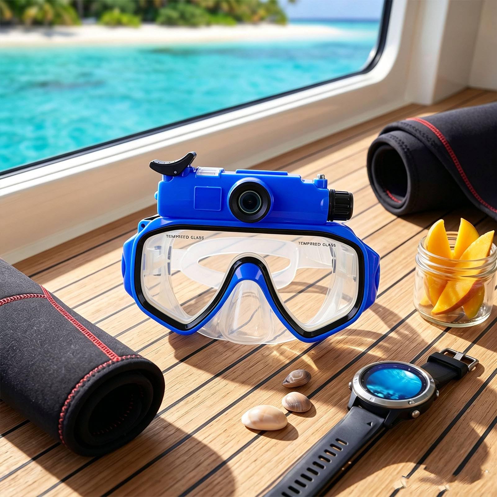 Occhialini da Sub con Fotocamera 2K, Occhialini da Sub 15M | Obiettivo Grandangolare da 100° Impermeabile, Stabilizzazione Elettronica Dell'immagine, Connessione App per Snorkeling Apnea