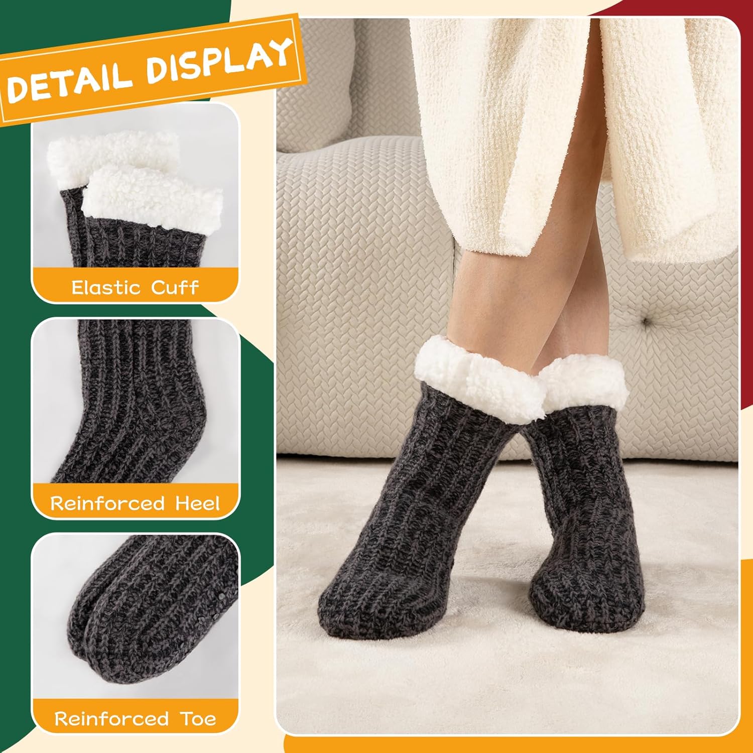 Womens Warm Slipper Socks Winter Knit Fuzzy Cozy Thick Fleece Lined Socks with Grippers Thermal Home Socks - Image 2
