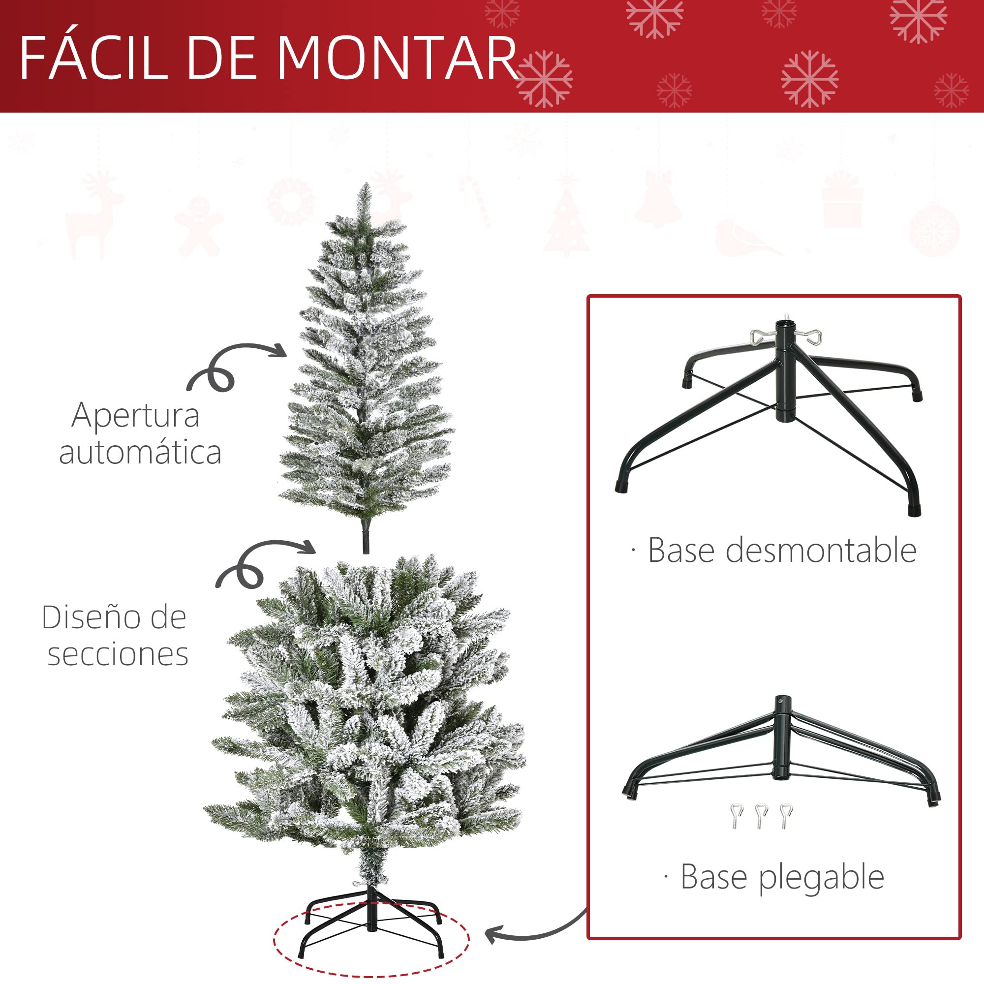 HOMCOM Árbol de Navidad Nevado Artificial 394 Ramas Ø60x180 cm Verde Blanco | Ignífugas de PVC, Apertura Automática, Base Plegable, Soporte de Acero, Decoración Interior, Estrecho y Alto