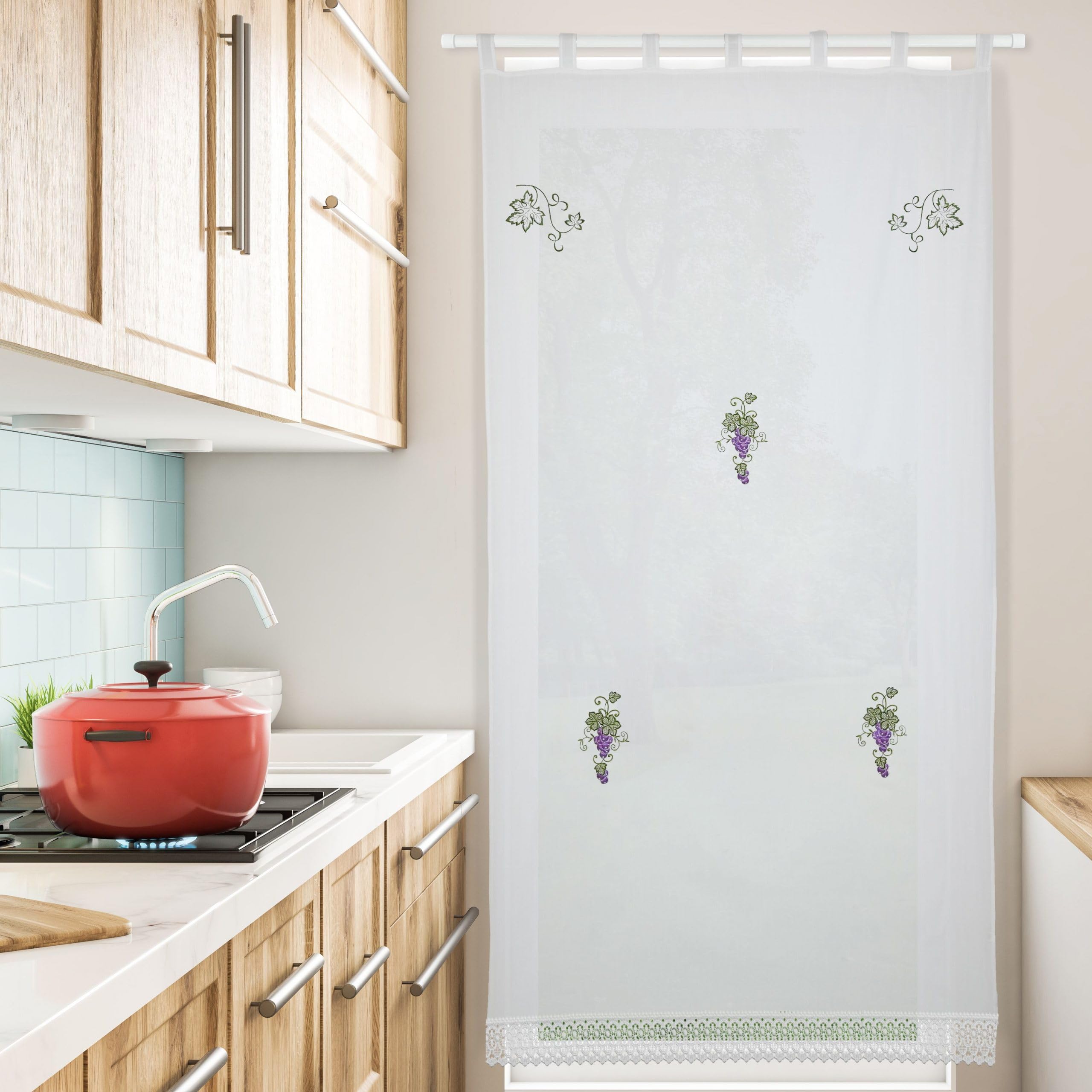 HOMEYA - Cortina Cocina Translúcida 150x220cm - Cortina con Bordados de Uvas,para Cocina,Comedor, Marco de Puerta - 1 Unidad Color Blanco,100% Poliester