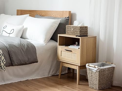 Miniatura 6 de StorageWorks Cesta de basura de hierba marina para sala de estar, cubo de basura de mimbre con asas de madera para dormitorio, cubo de basura