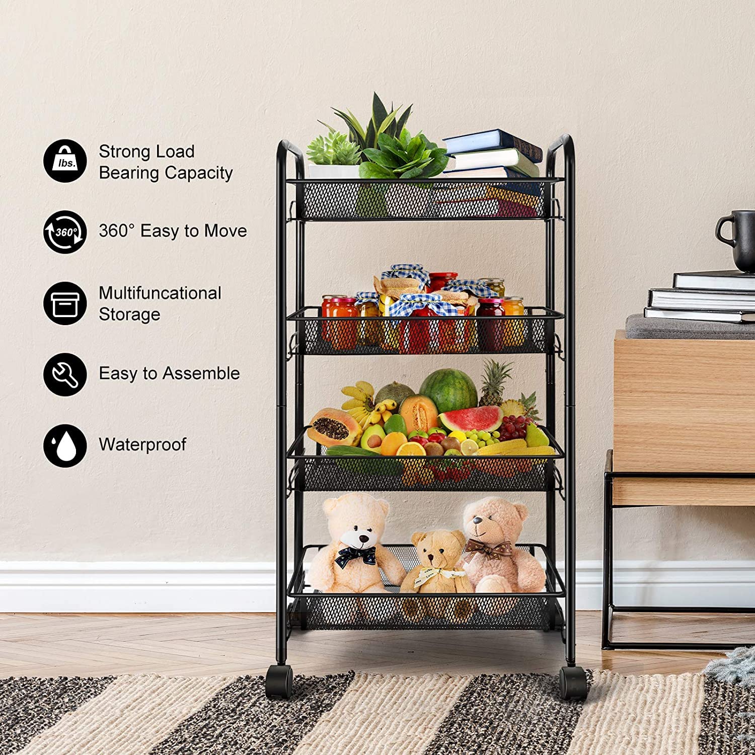 SIMPLI-Magic Carrito de Almacenamiento de 4 Niveles con cestas fijas, Metal, básico
