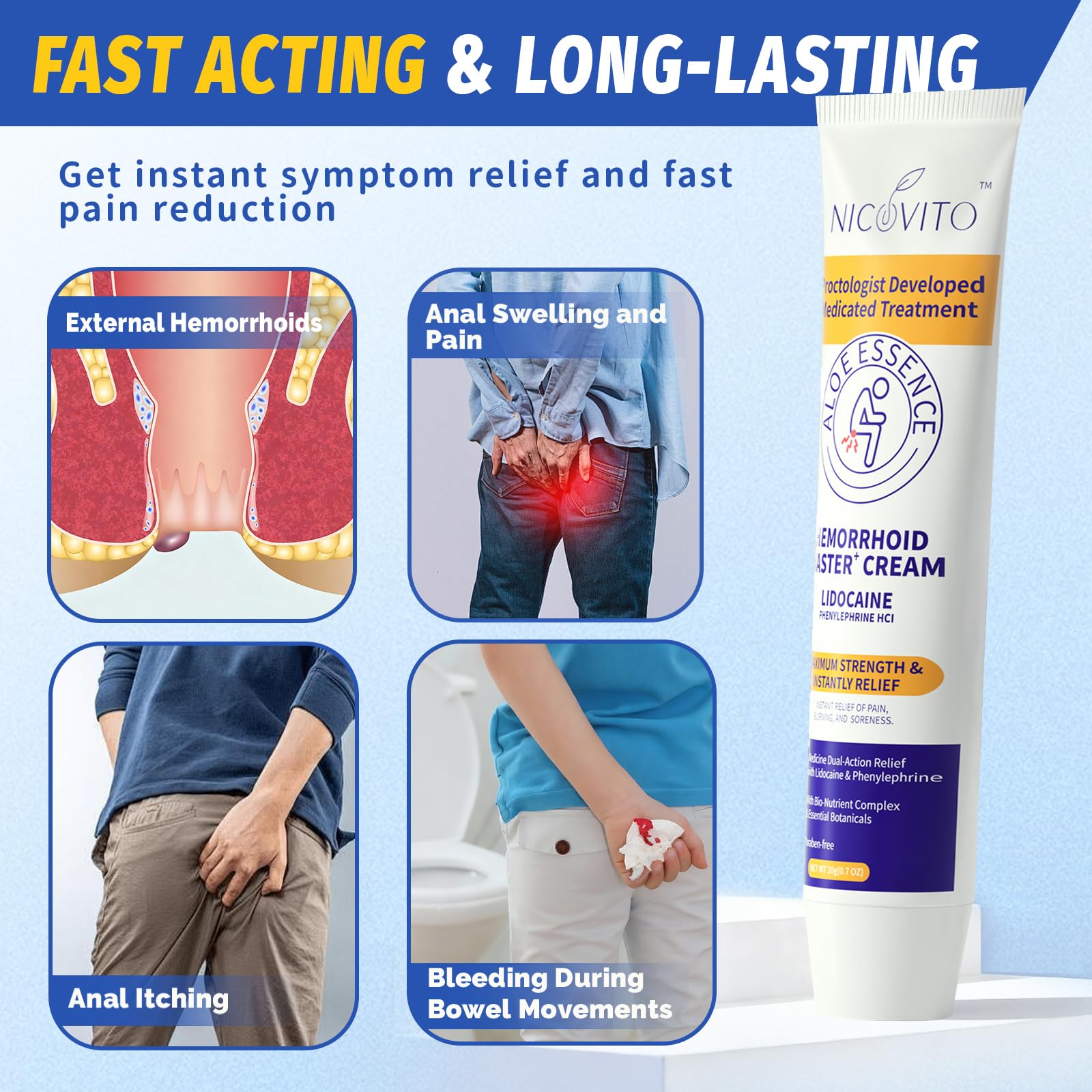 NICOVITO Hemorrhoid Cream, 4% Lidocaine + 0.25% Phenylephrine HCl, 0.7 Oz — Amazon image 4