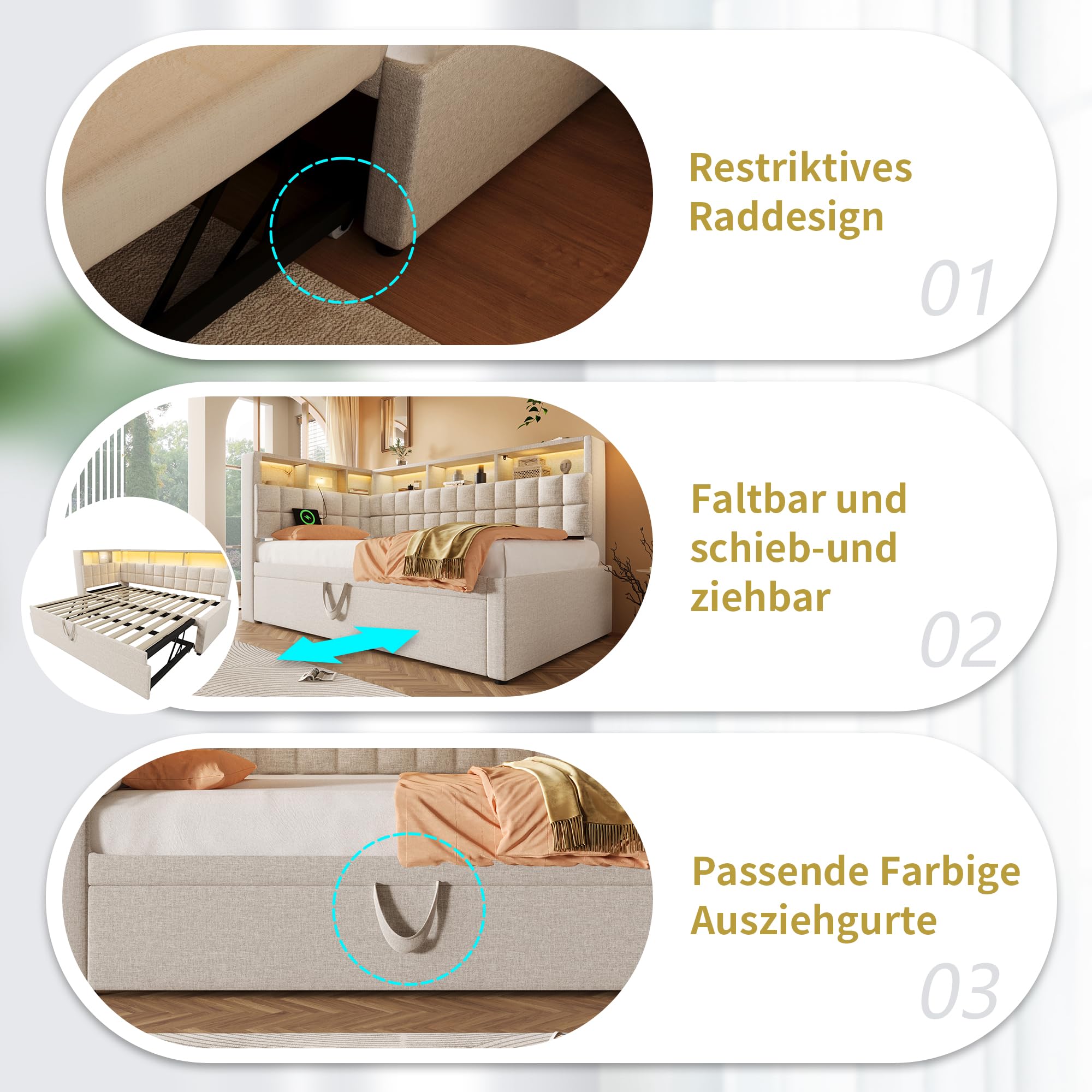 Cama tapizada de 90 x 200 cm, cama de día con cama nido, sofá cama con LED y puerto de carga USB y tipo C, altavoz Bluetooth, cabecero en L con estante de almacenamiento, lino, sin colchón