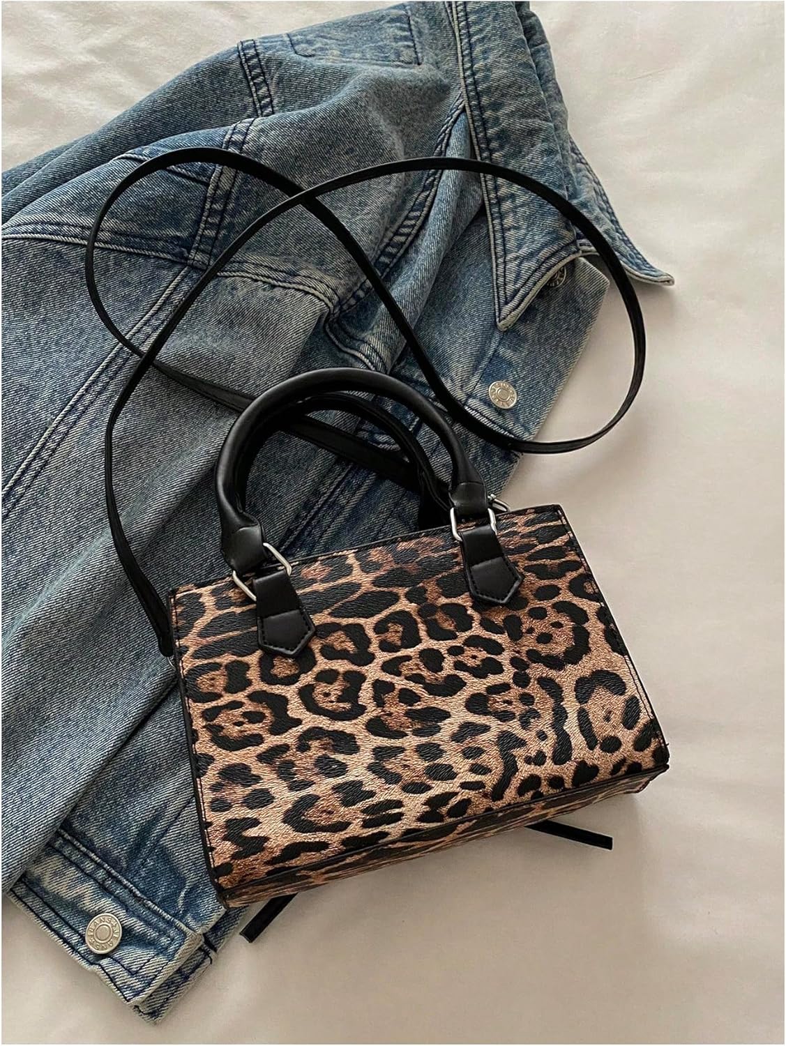 QWINEE Women's Leopard Print Top Handle Satchel Clutch Purse Bowknot Cheetah Square Handbag Crossbody Bag - Image 3