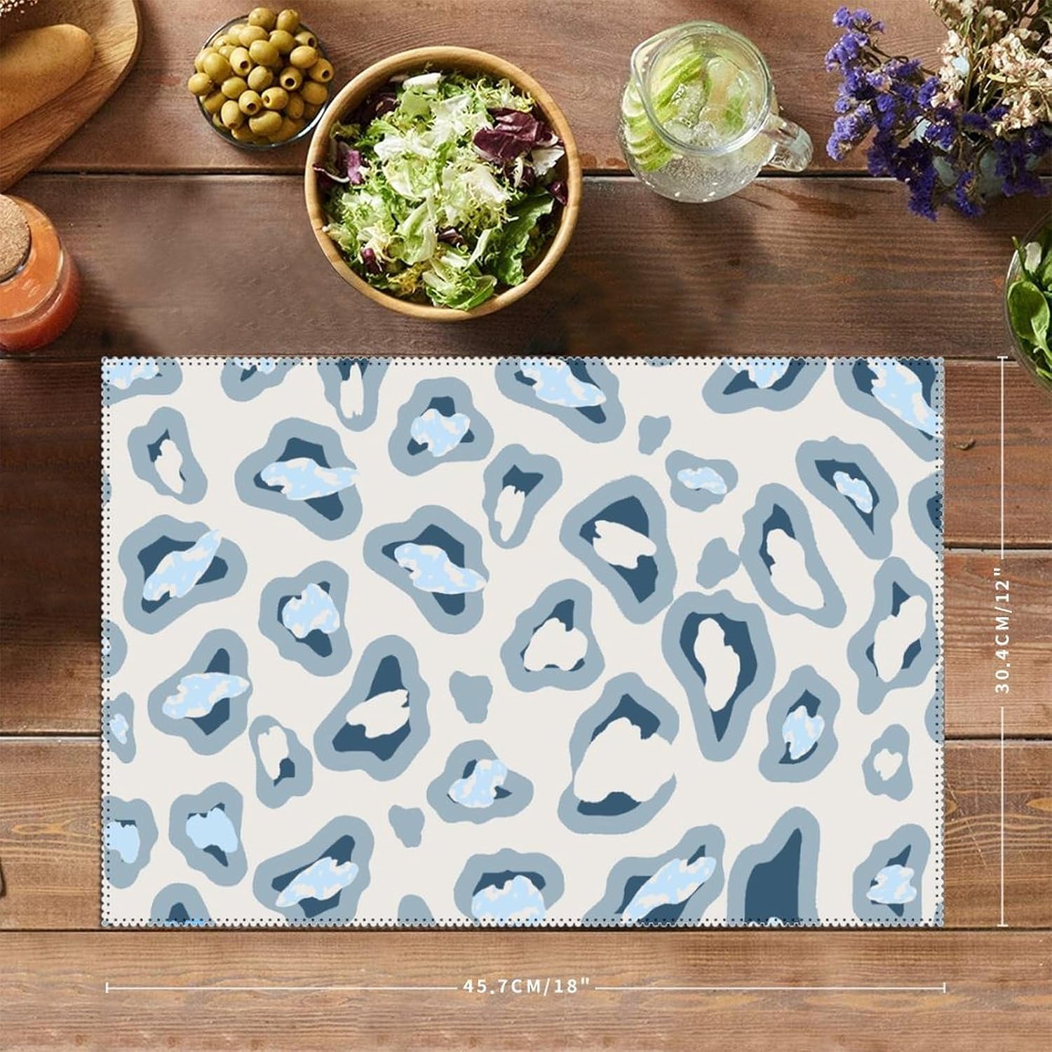 Light Blue and Gray Navy Leopard Cheetah Placemats Set of 6 Chinoiserie Animal Antelope Non-Slip Spring Place Mats Asian Dining Table Decor for Dining Kitchen Banquet Home Wedding Party