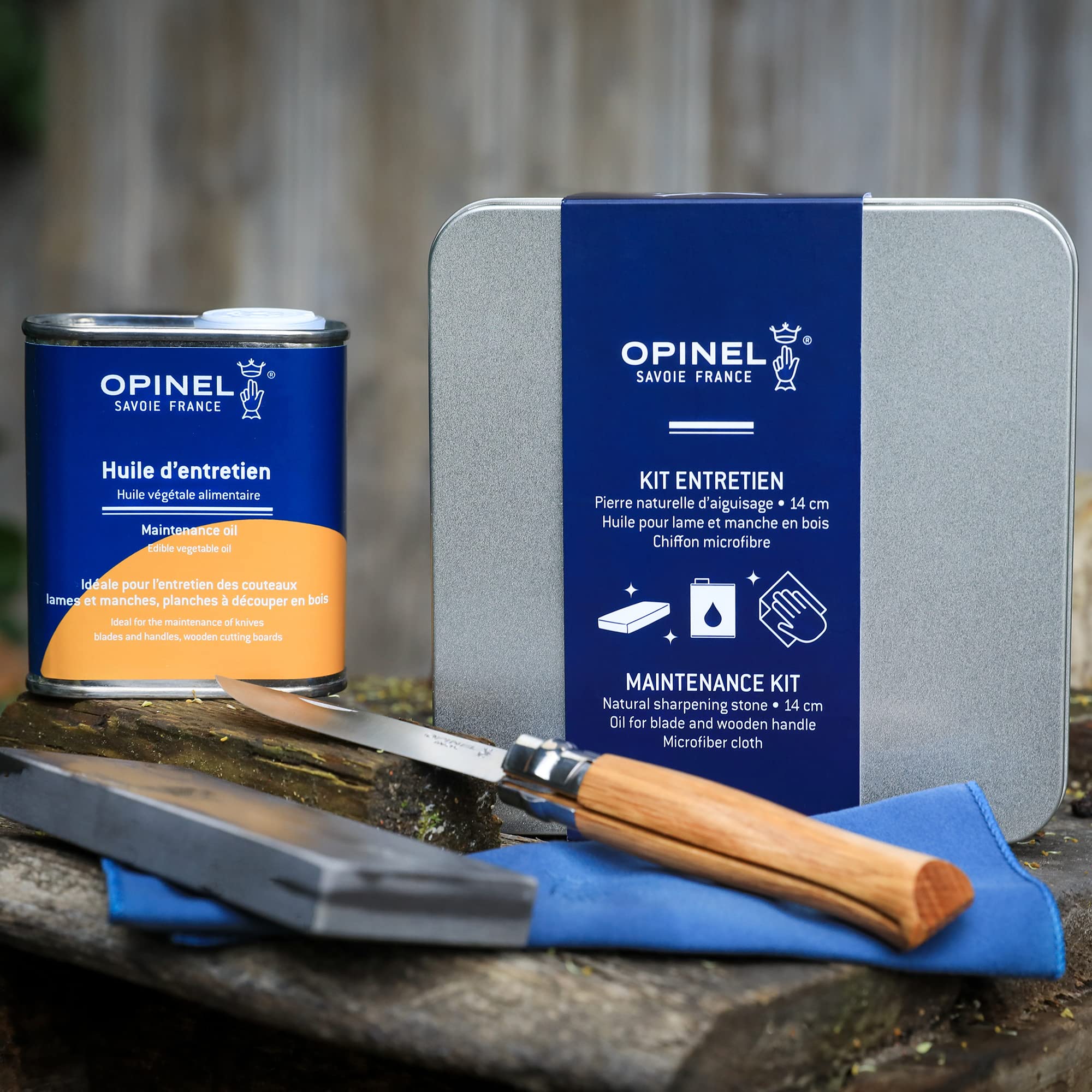 Opinel - Kit di Manutenzione per Coltelli - 1 Scatola di Stoccaggio, 1 Pietra per Affilare Grande, 1 Bottiglia di Olio, 1 Panno in Microfibra di 20 x 20 cm - Garanzia a Vita