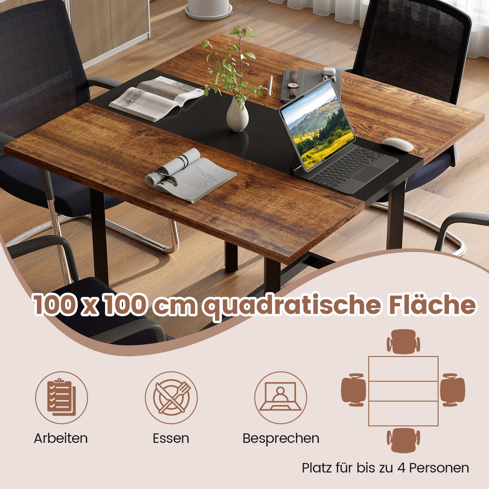 COSTWAY Konferenztisch, quadratischer Besprechungstisch mit Metallrahmen, Seminartisch zusammensetzbar für 4 Personen, Büro, Vorstandszimmer, Esszimmer (100 x 100 x 75 cm,Rustikal Braun + Schwarz)