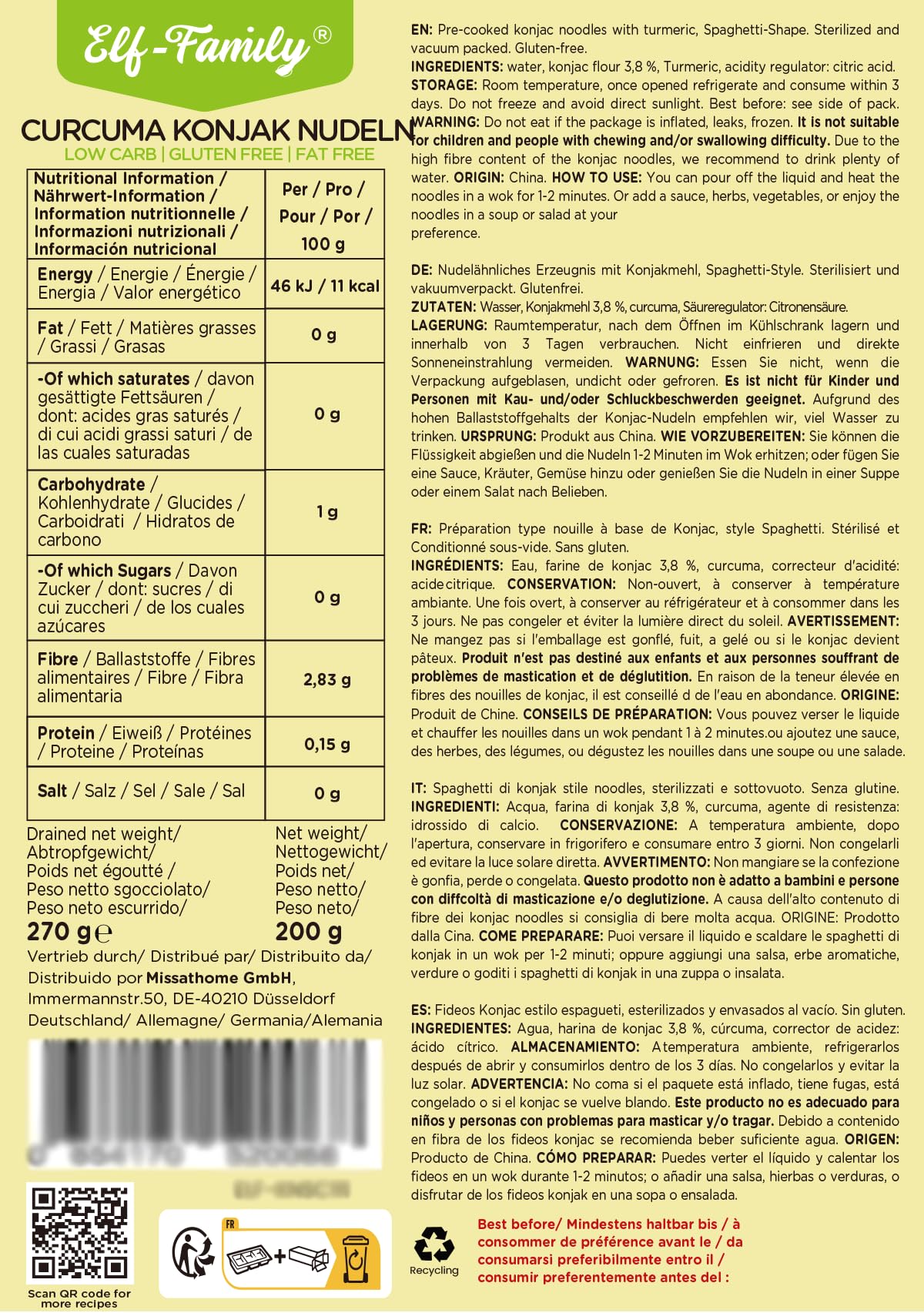 Elf-Family Pasta con Curcuma | Shirataki Superfood - 11kcal | 97% meno calorie | Low Carb/Keto/Shirataki Noodles/Vegani/Senza Glutine (270g x6 confezioni(12 pacchi))
