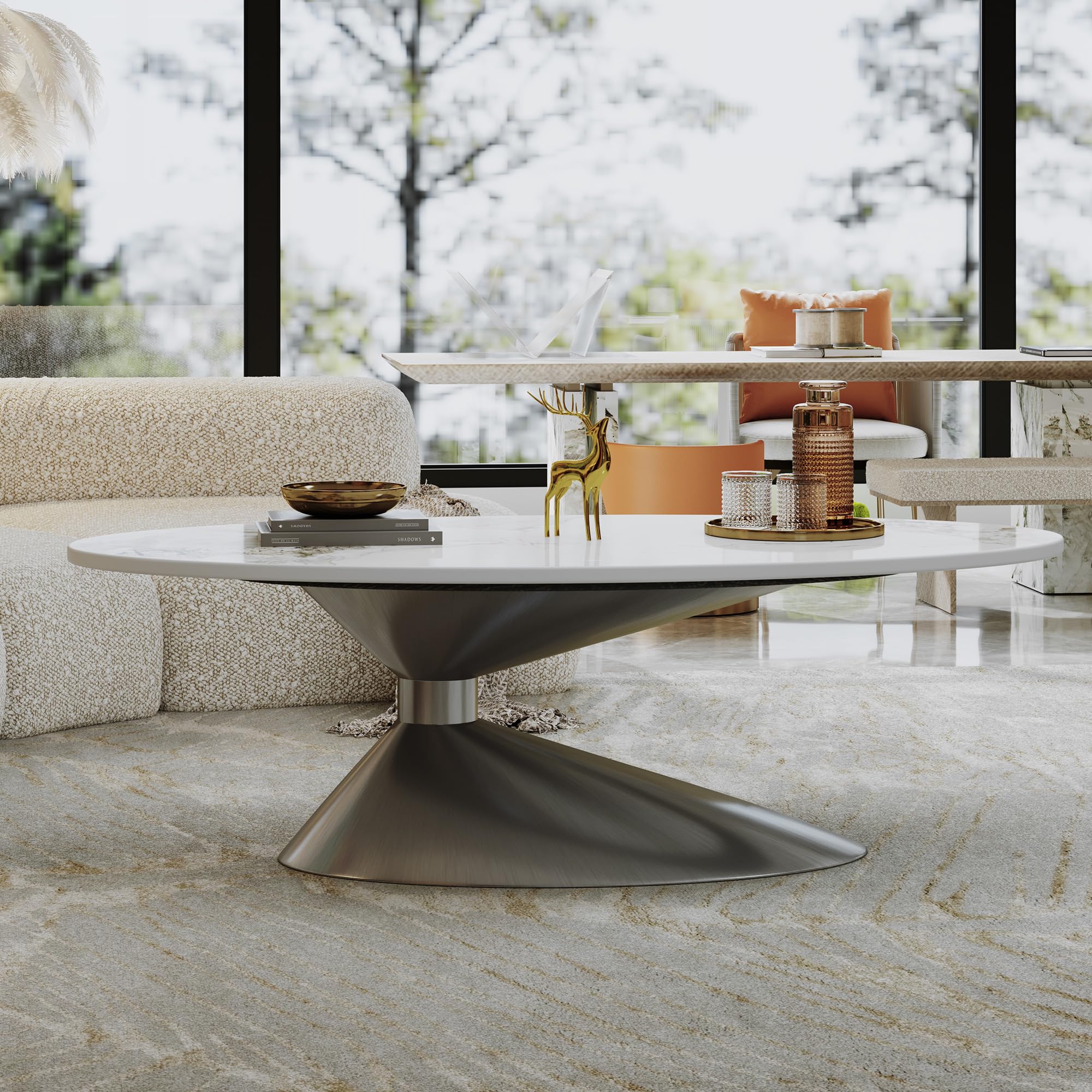 Modern Coffee Table with Gold Stainless Steel Pedestal,Oval
